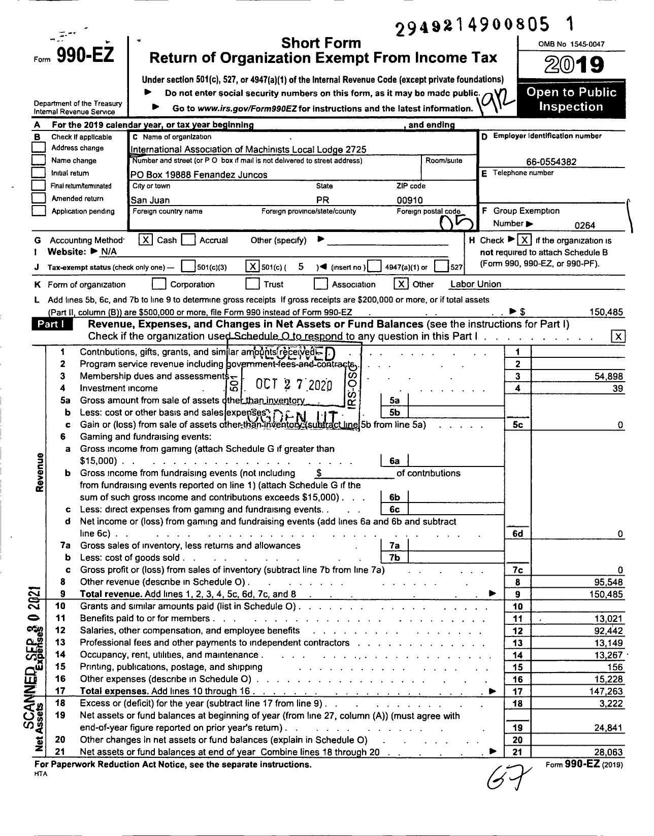 Image of first page of 2019 Form 990EO for International Association of Machinists and Aerospace Workers - 2725 Local Lodge