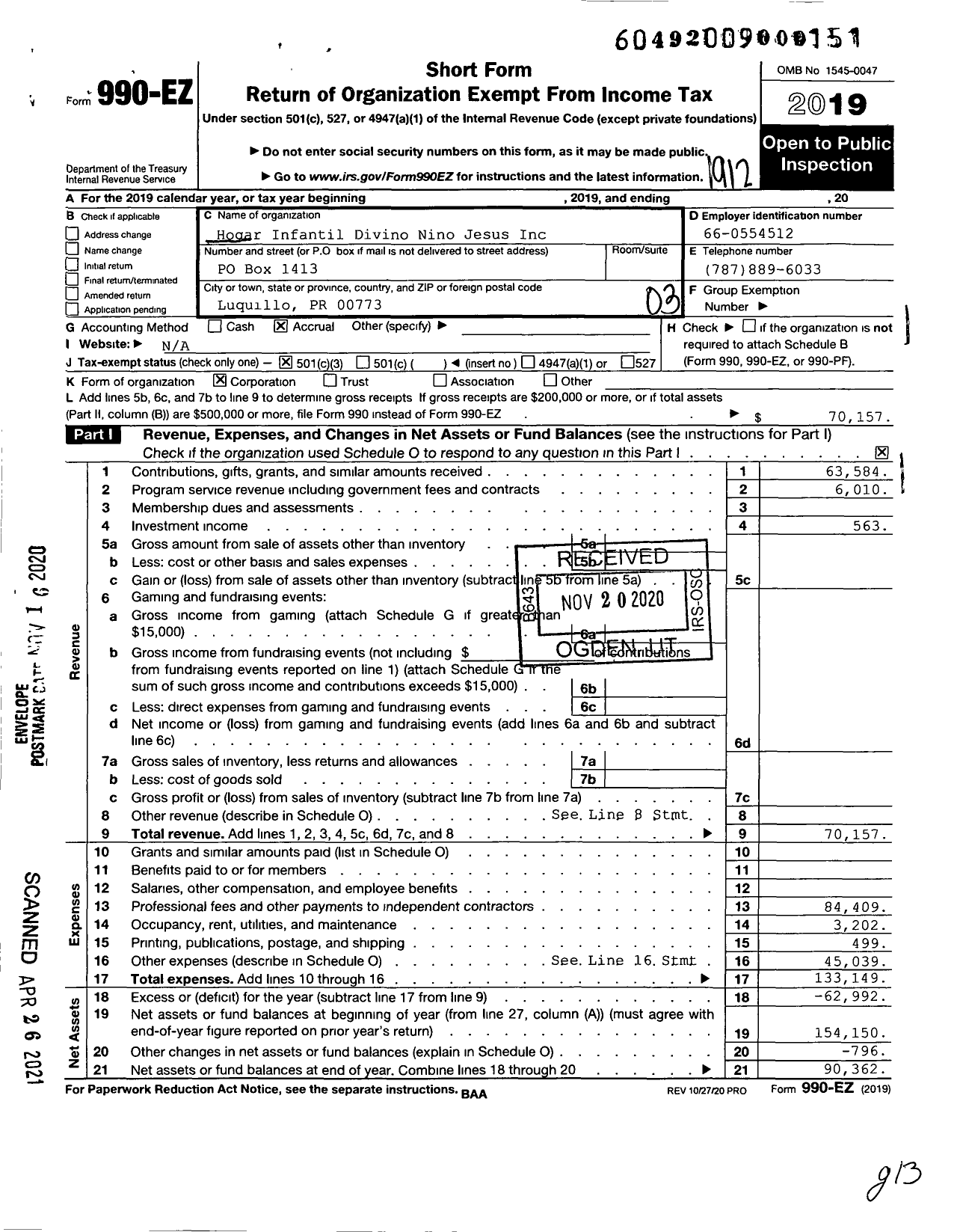 Image of first page of 2019 Form 990EZ for Hogar Infantil Divino Nino Jesus