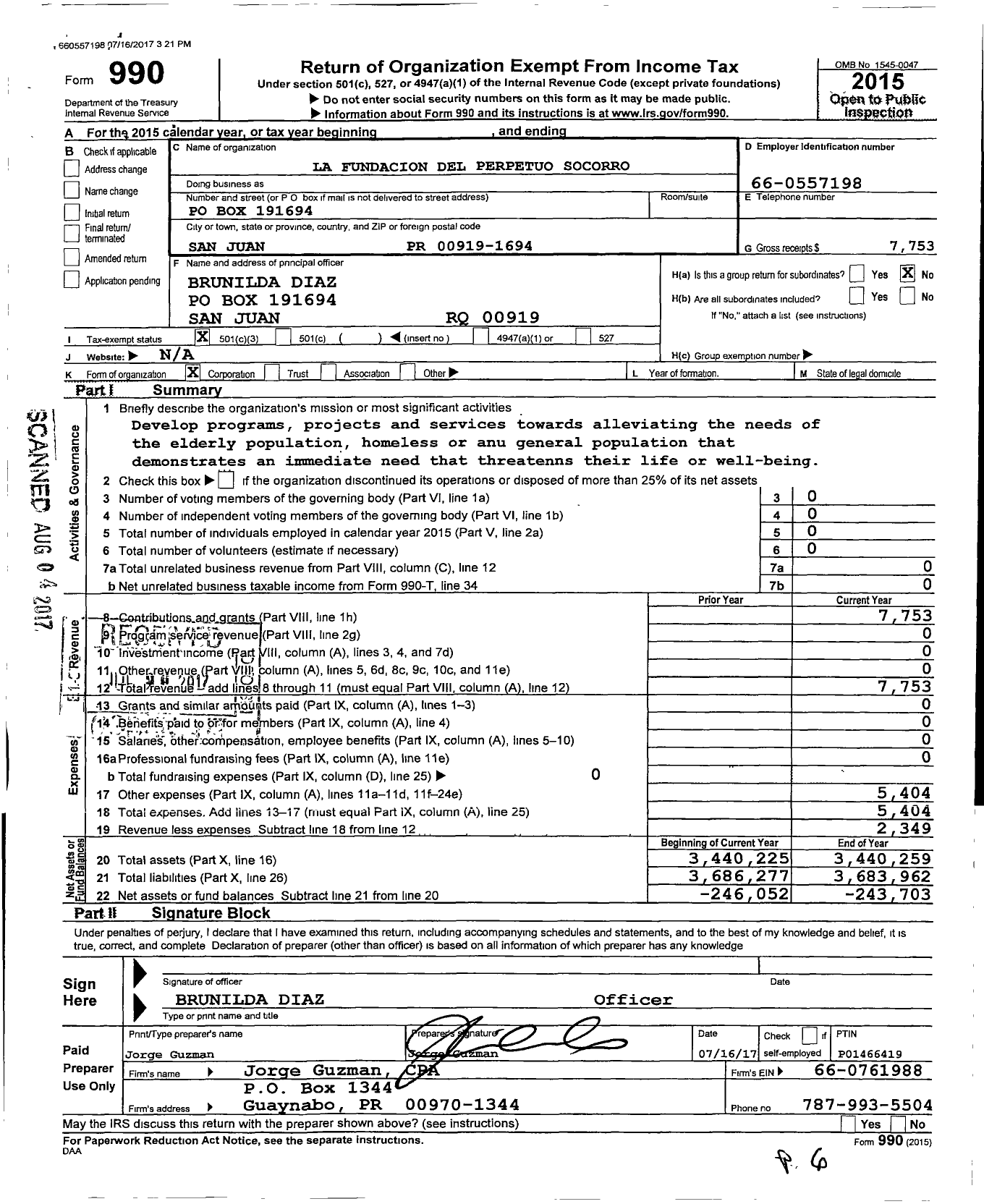 Image of first page of 2015 Form 990 for La Fundacion Del Perpetuo Socorro