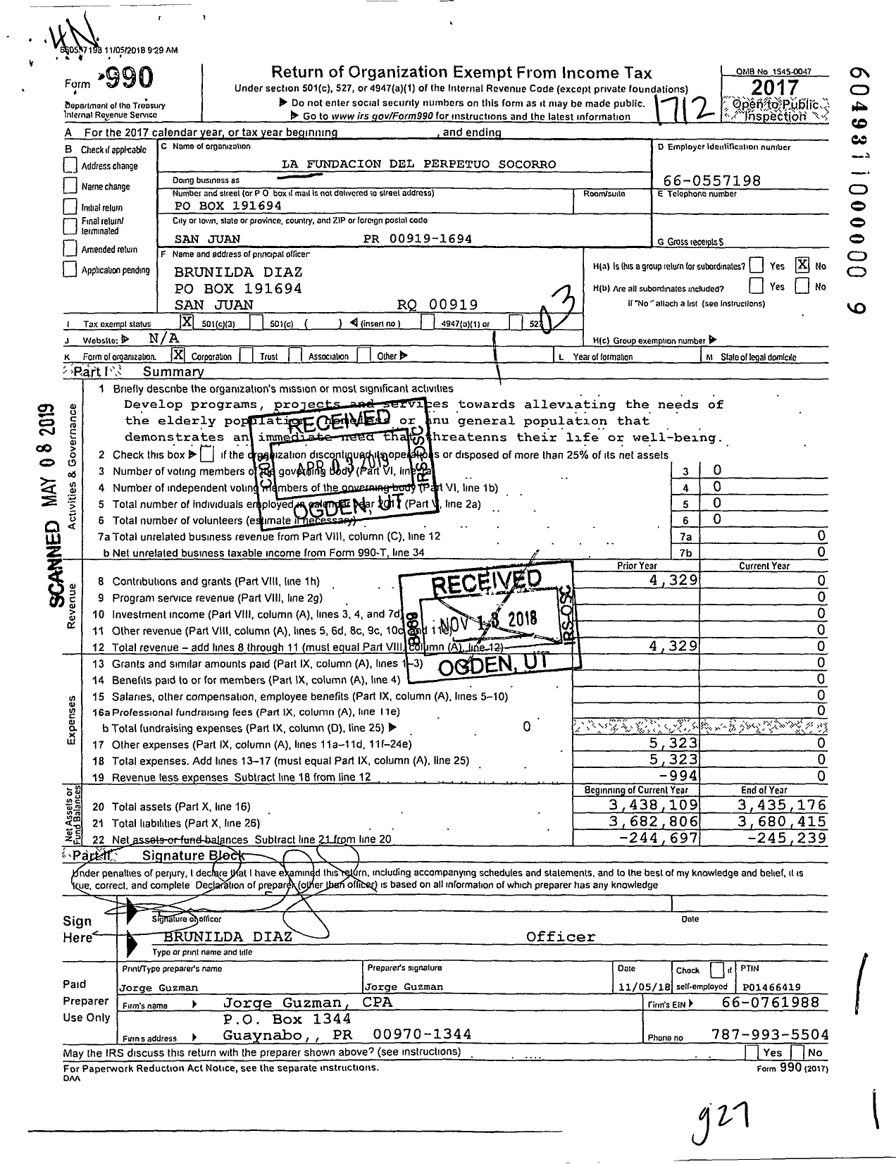 Image of first page of 2017 Form 990 for La Fundacion Del Perpetuo Socorro