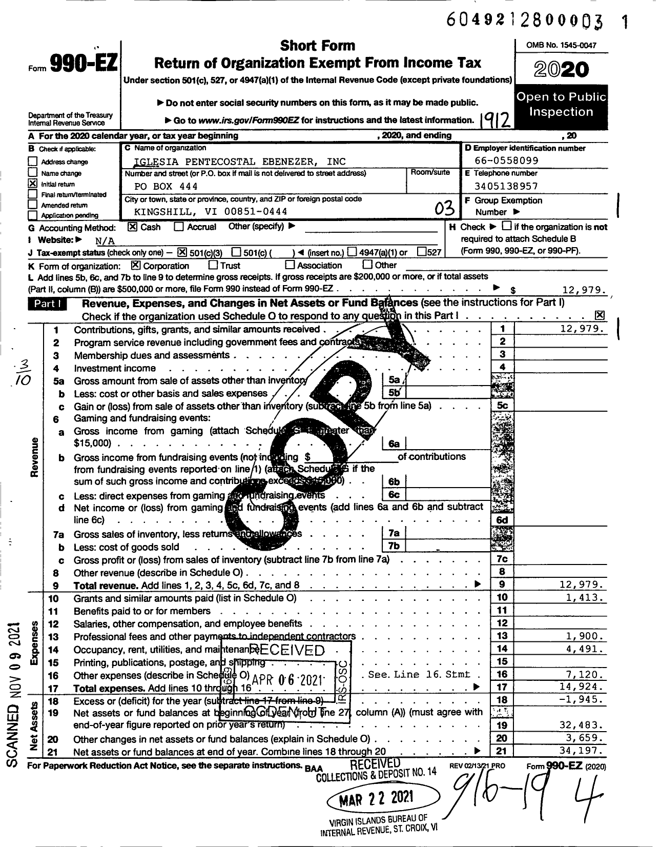 Image of first page of 2019 Form 990EZ for Iglesia Pentecostal Ebenezer