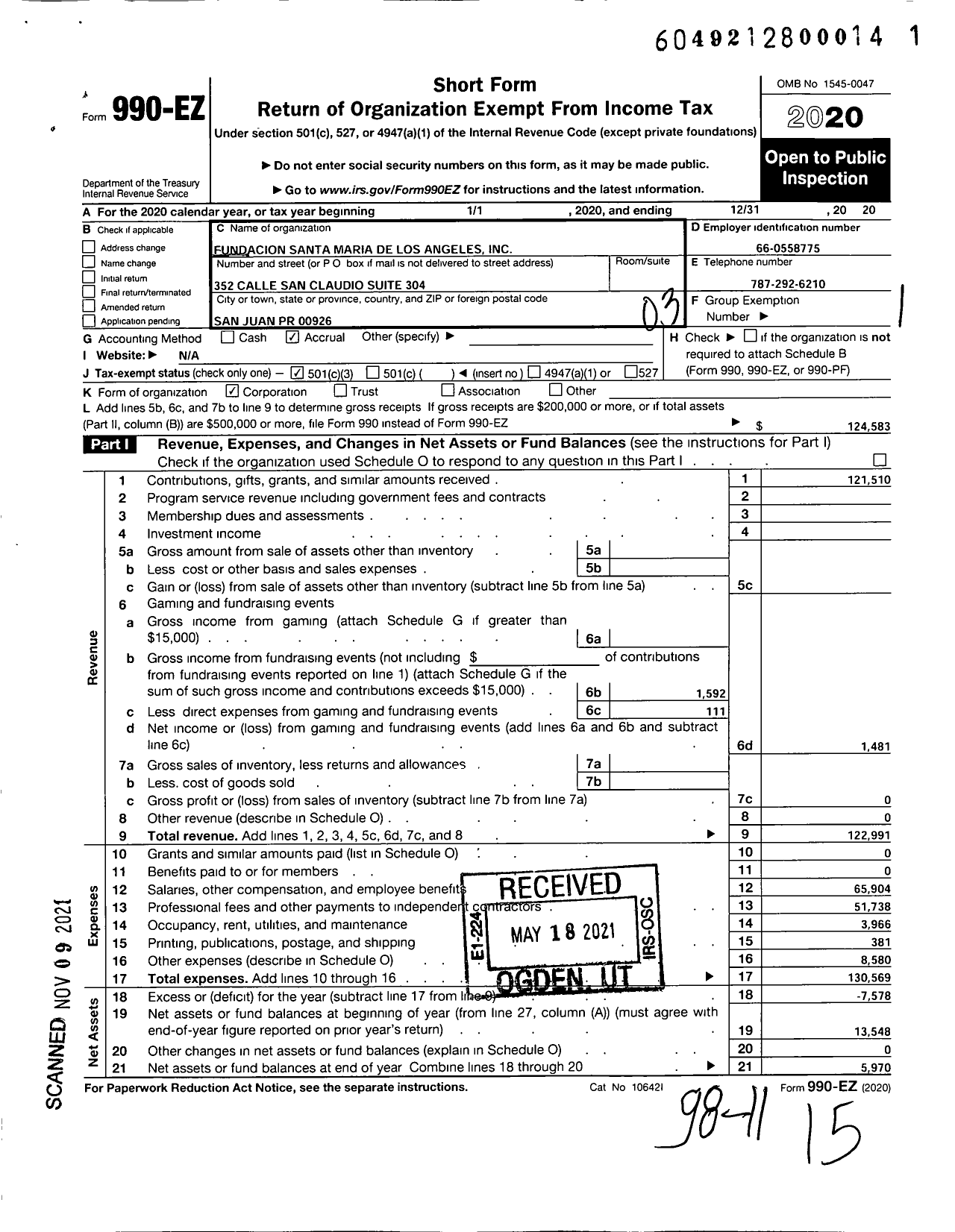 Image of first page of 2020 Form 990EZ for Fundacion Santa Maria de Los Angeles