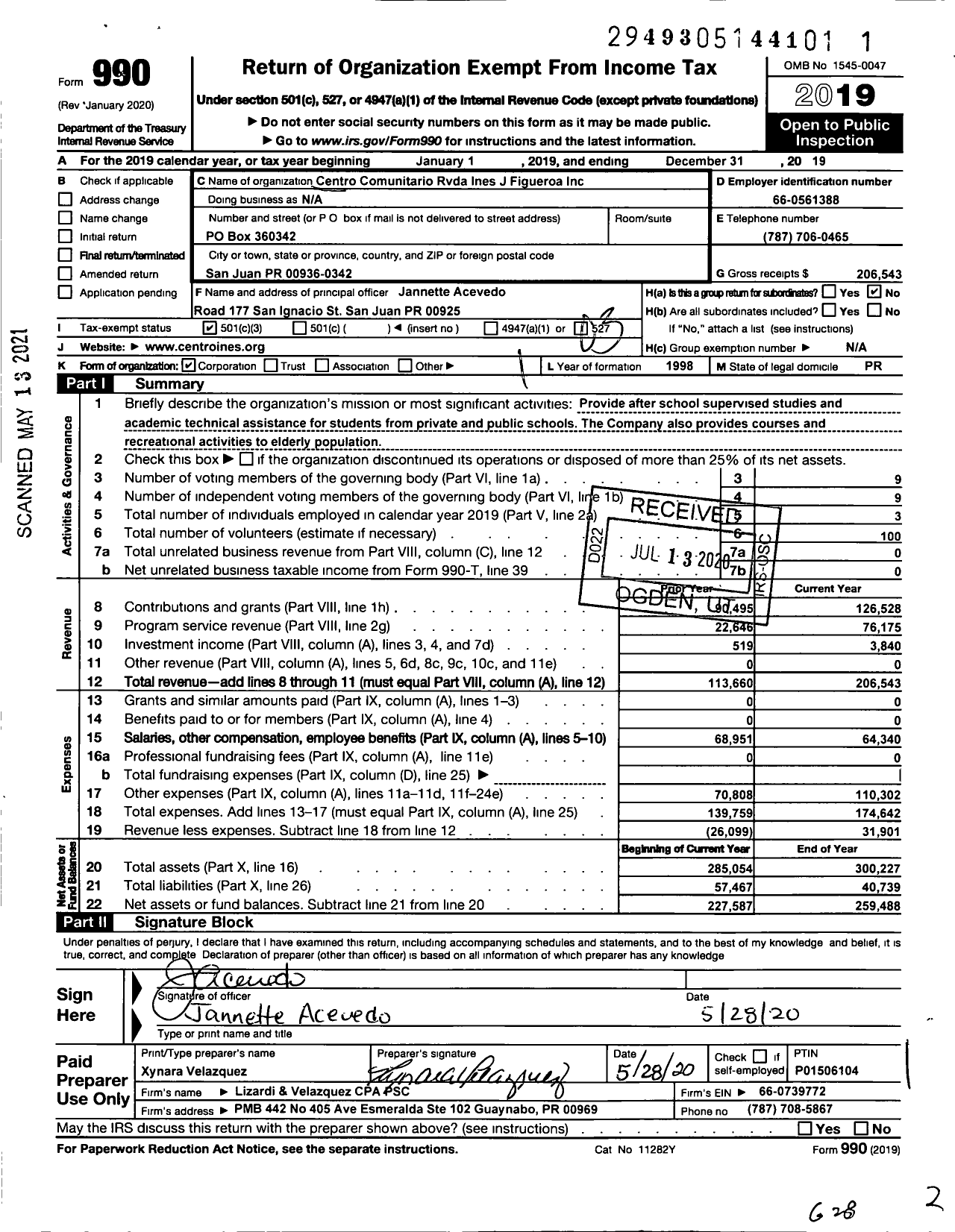 Image of first page of 2019 Form 990 for Centro Comunitario Rvda Ines J Figueroa