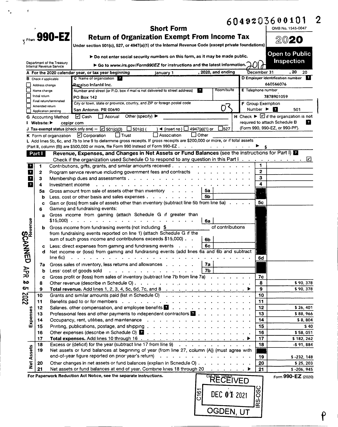 Image of first page of 2020 Form 990EZ for Paraiso Infantil