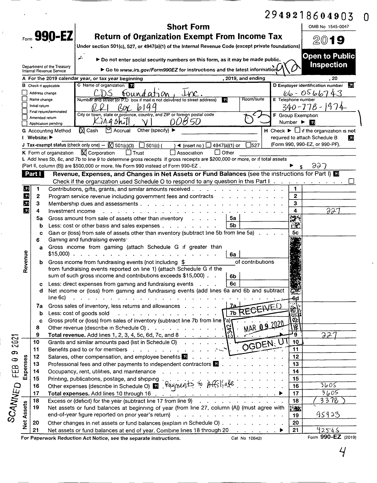 Image of first page of 2019 Form 990EZ for CDS Foundation