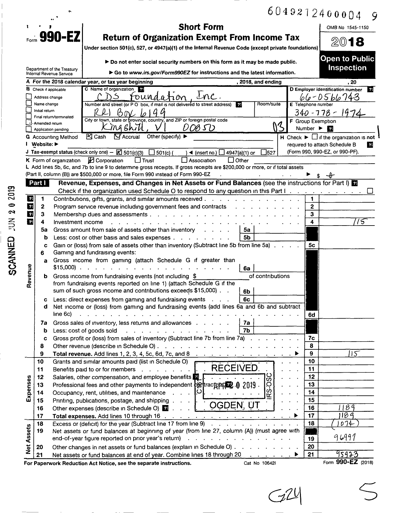 Image of first page of 2018 Form 990EZ for CDS Foundation