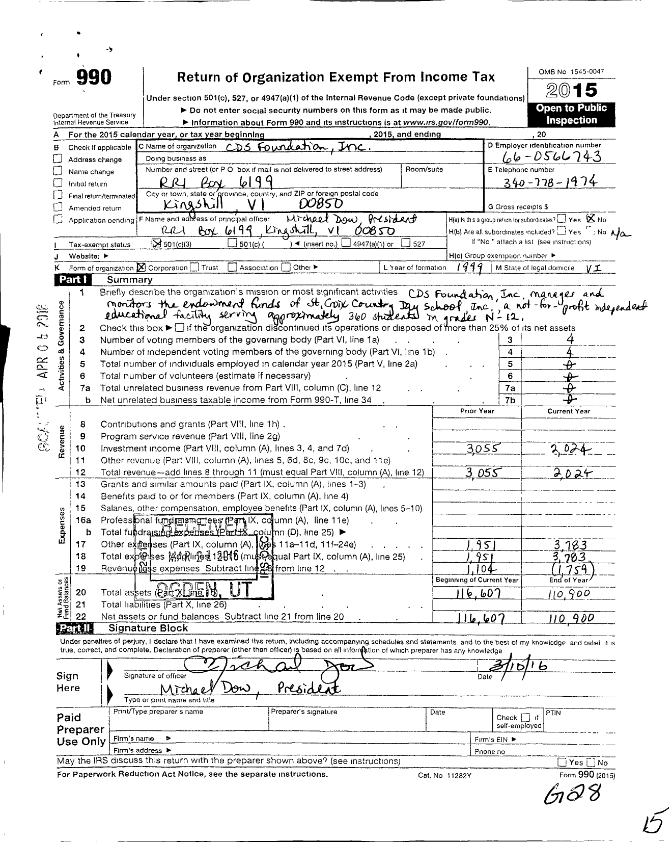 Image of first page of 2015 Form 990 for CDS Foundation