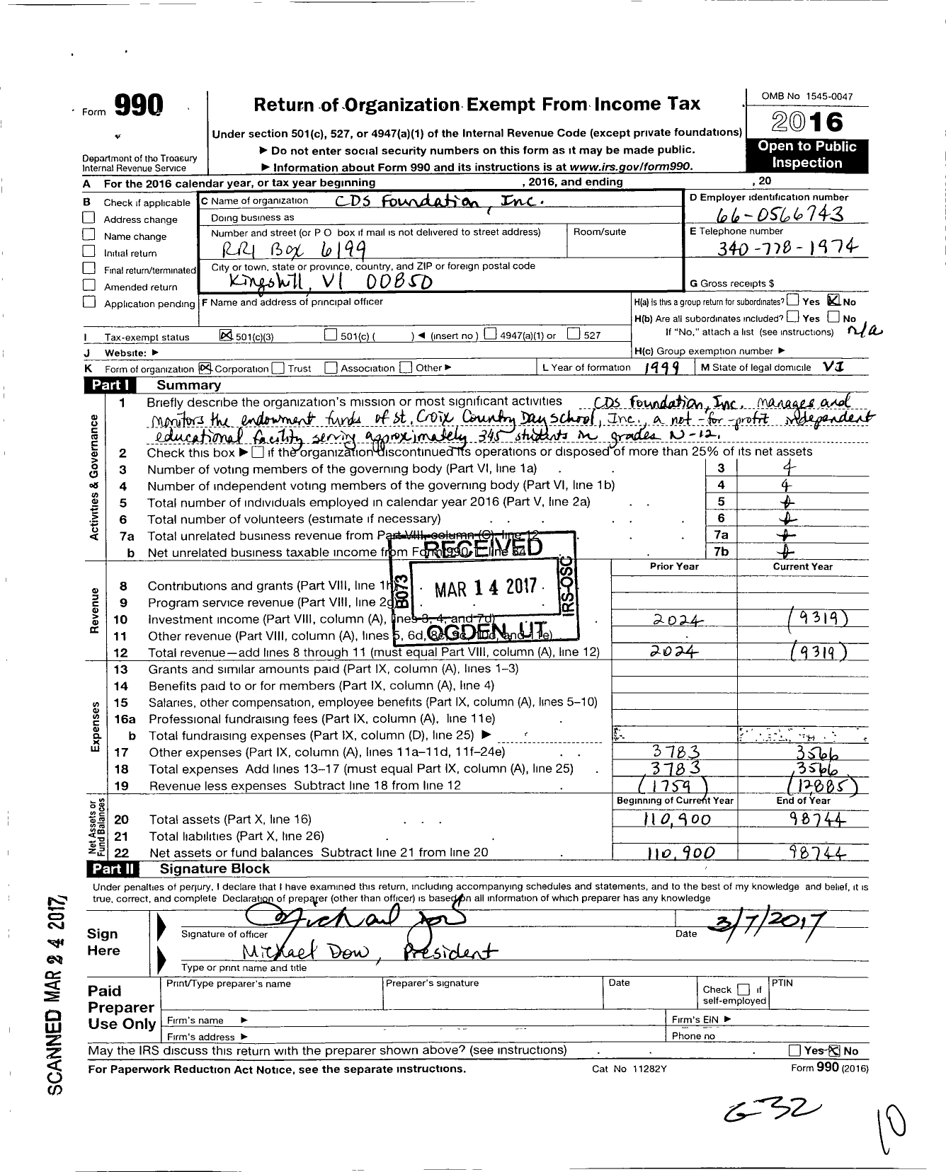 Image of first page of 2016 Form 990 for CDS Foundation
