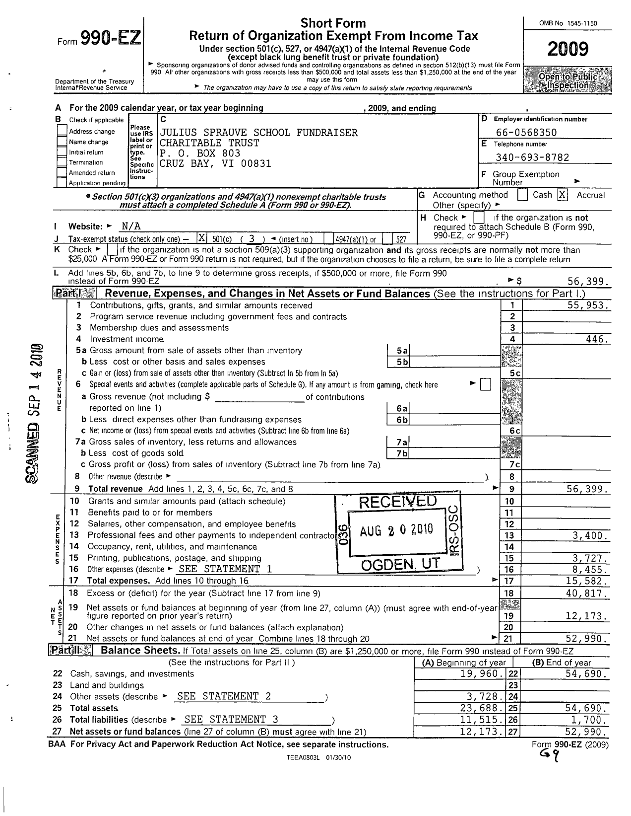Image of first page of 2009 Form 990EZ for Julius Sprauve School Fundraiser