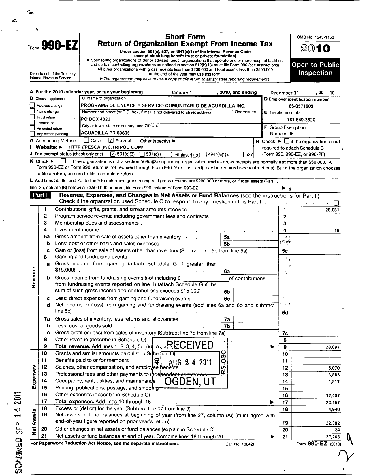 Image of first page of 2010 Form 990EZ for El Programa de Enlace Y Servicio Comunitario de Aguadilla