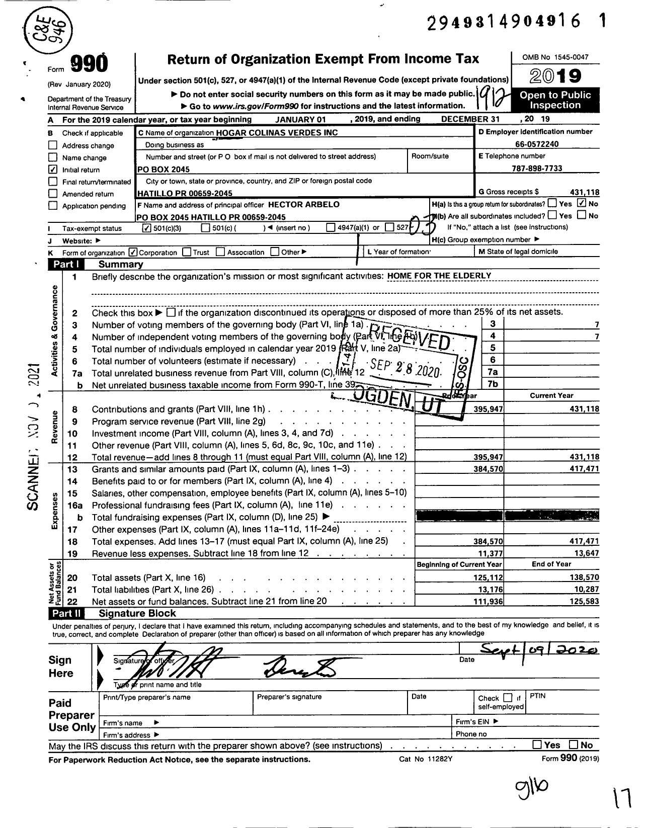 Image of first page of 2019 Form 990 for Hogar Colinas Verdes