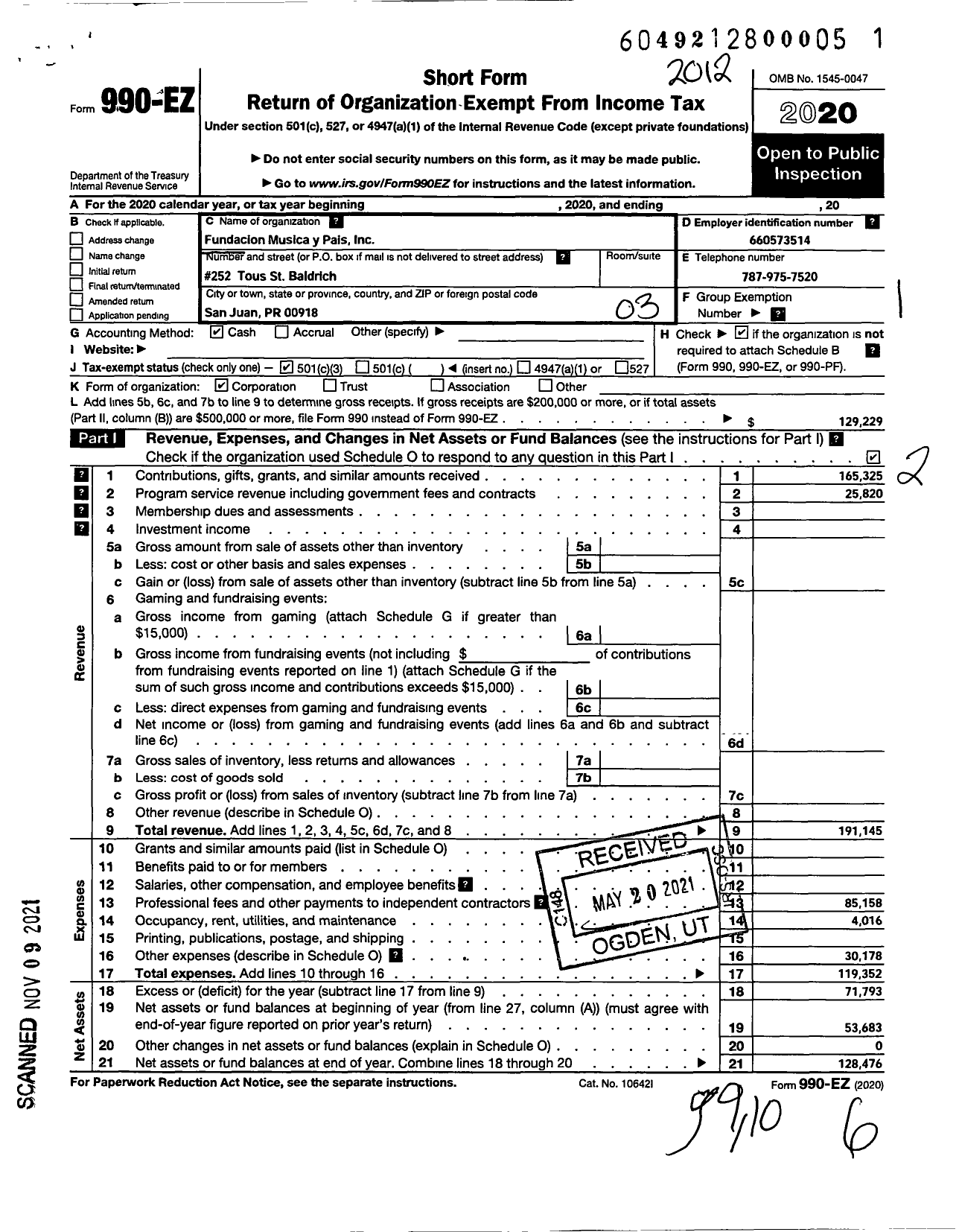 Image of first page of 2020 Form 990EZ for Fundacion Musica Y Pais