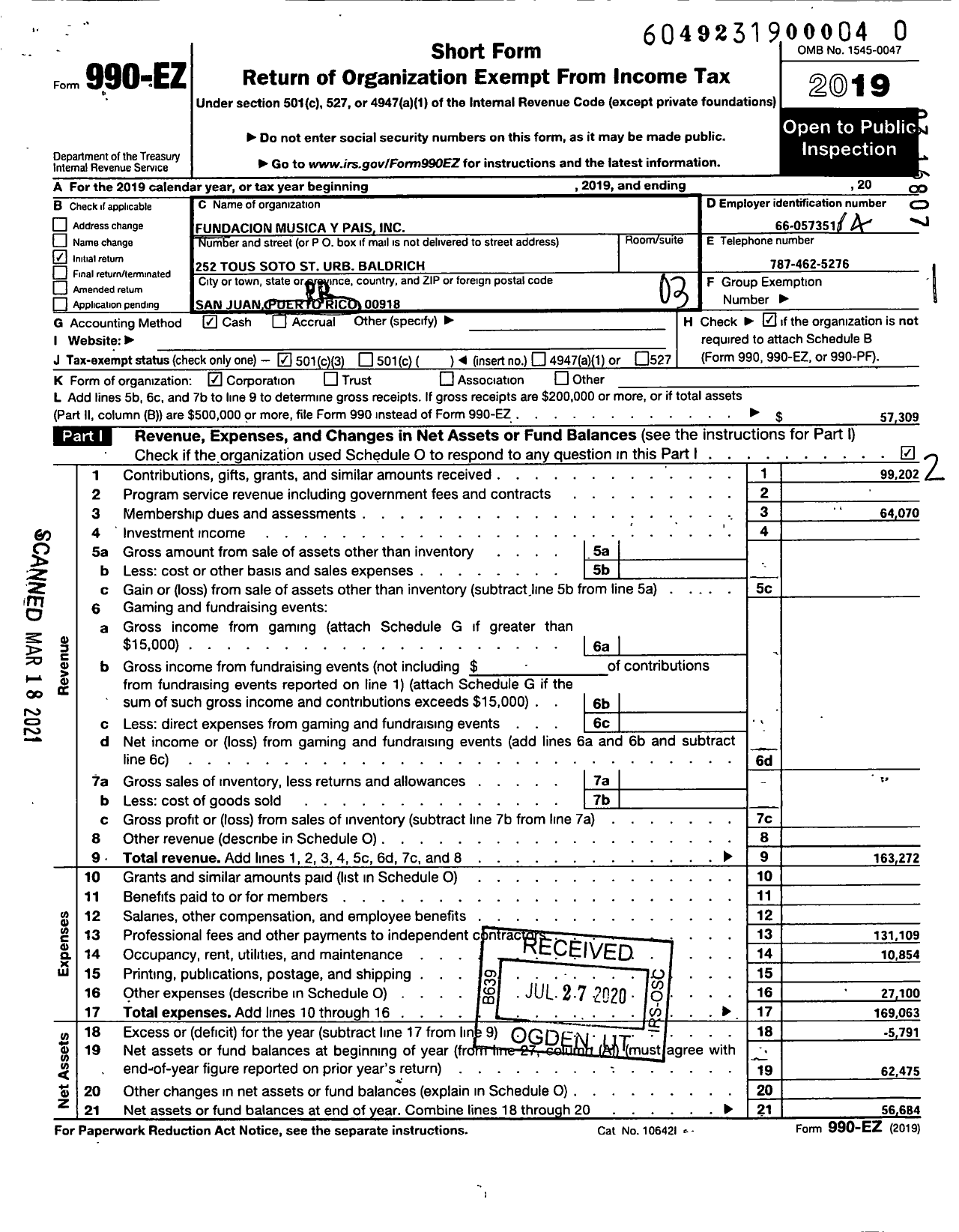 Image of first page of 2019 Form 990EZ for Fundacion Musica Y Pais