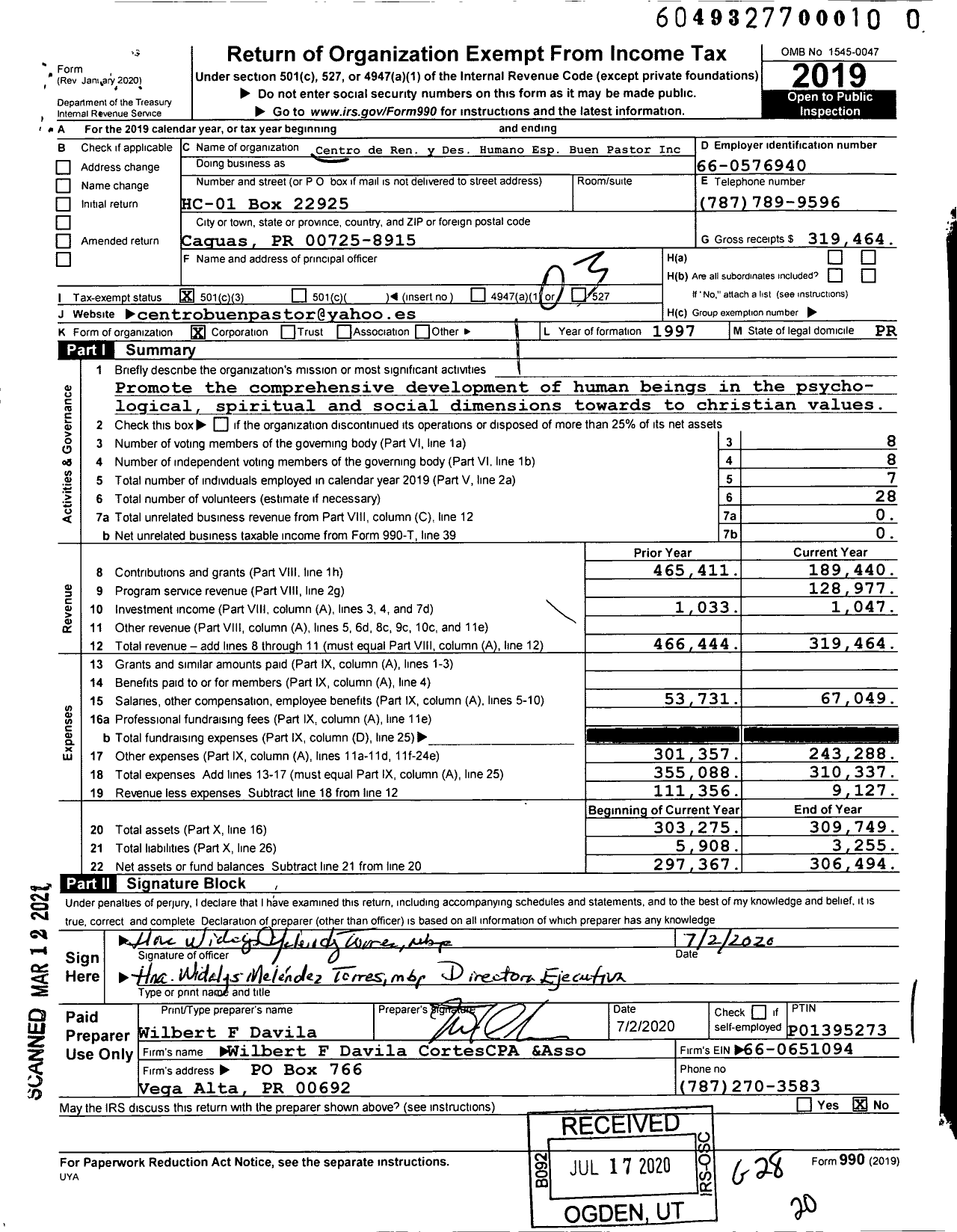 Image of first page of 2019 Form 990 for Centro de Renovacion Y Desarollo Humano-Espirtual Buen Pastor