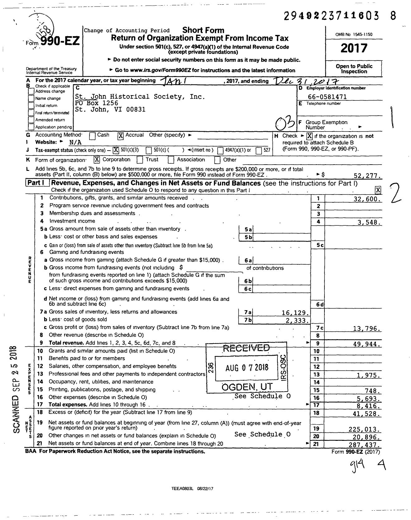 Image of first page of 2017 Form 990EZ for St John Historical Society