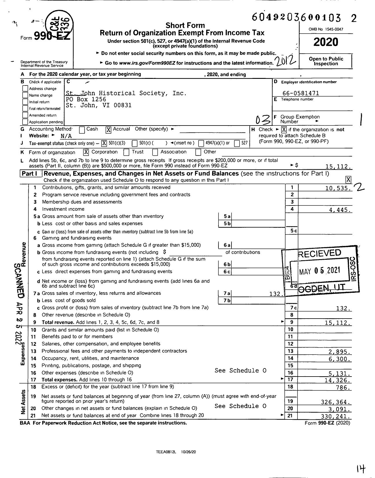 Image of first page of 2020 Form 990EZ for St John Historical Society