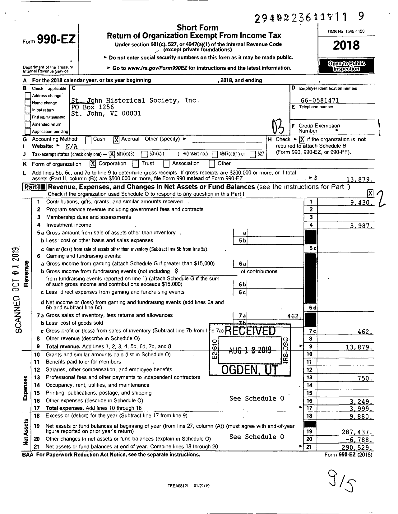 Image of first page of 2018 Form 990EZ for St John Historical Society