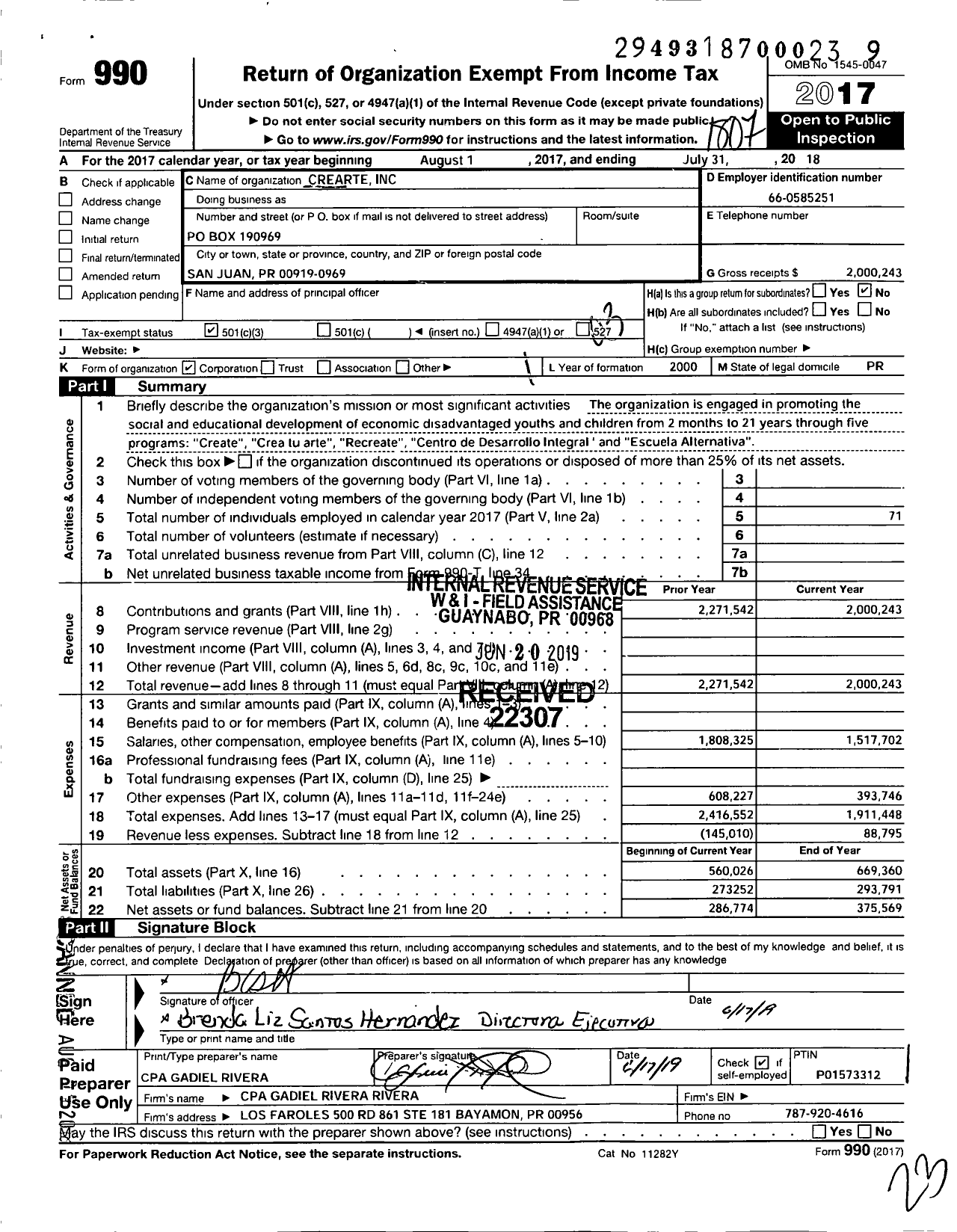Image of first page of 2017 Form 990 for Crearte