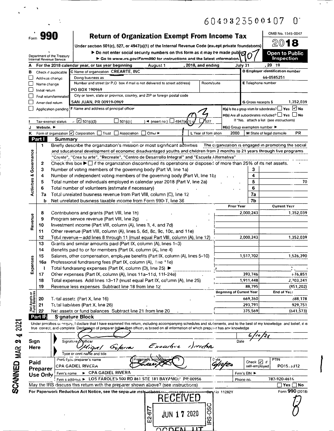 Image of first page of 2018 Form 990 for Crearte