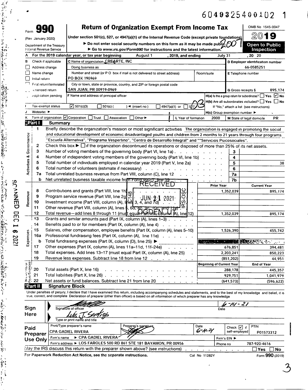 Image of first page of 2019 Form 990 for Crearte