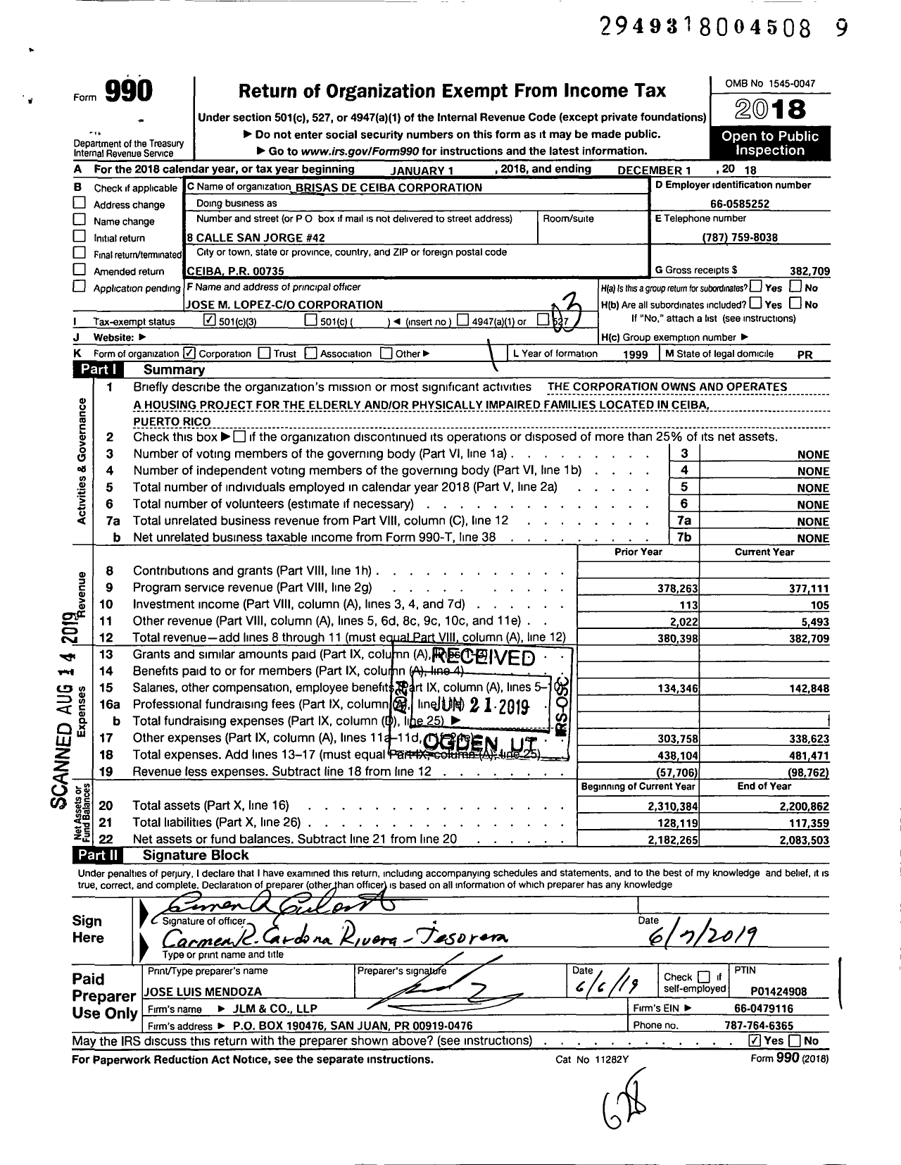 Image of first page of 2018 Form 990 for Brisas de Ceiba Corporation