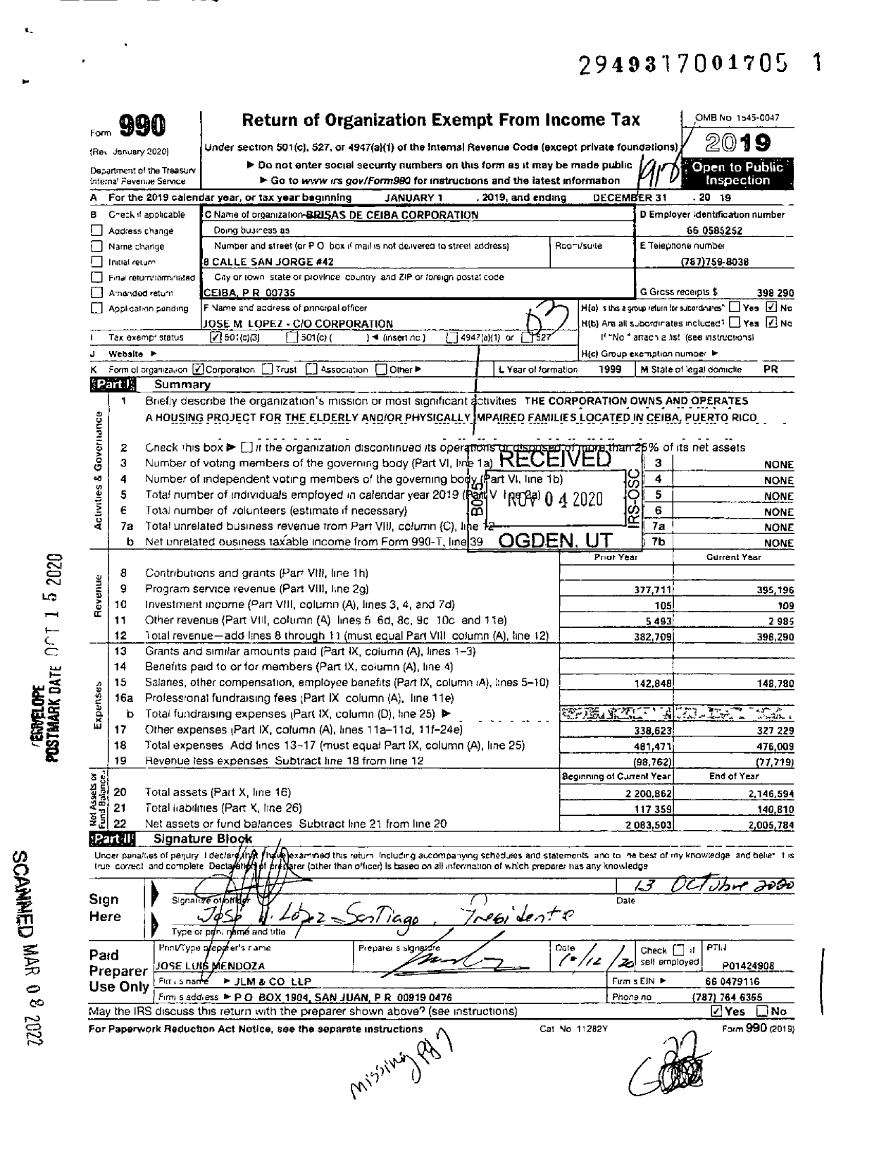 Image of first page of 2019 Form 990 for Brisas de Ceiba Corporation