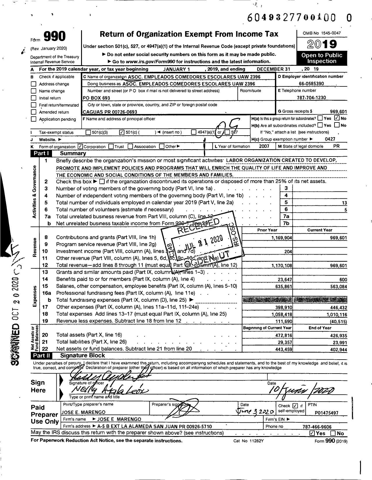 Image of first page of 2019 Form 990O for Uaw - Uaw-Asociacion de Empleados de Comedores Escolares Local 2396 Uaw