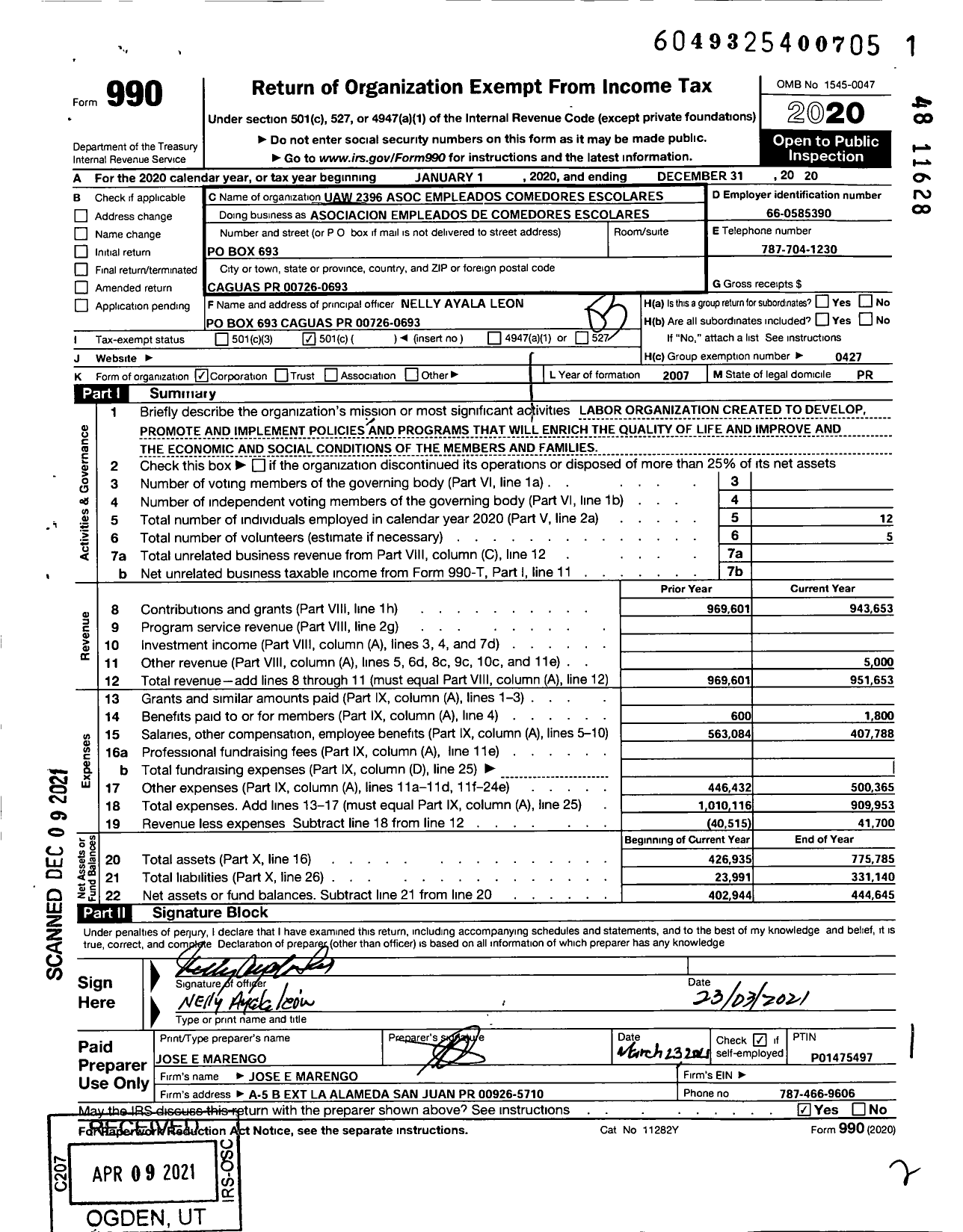 Image of first page of 2020 Form 990 for Uaw - Uaw-Asociacion de Empleados de Comedores Escolares Local 2396 Uaw