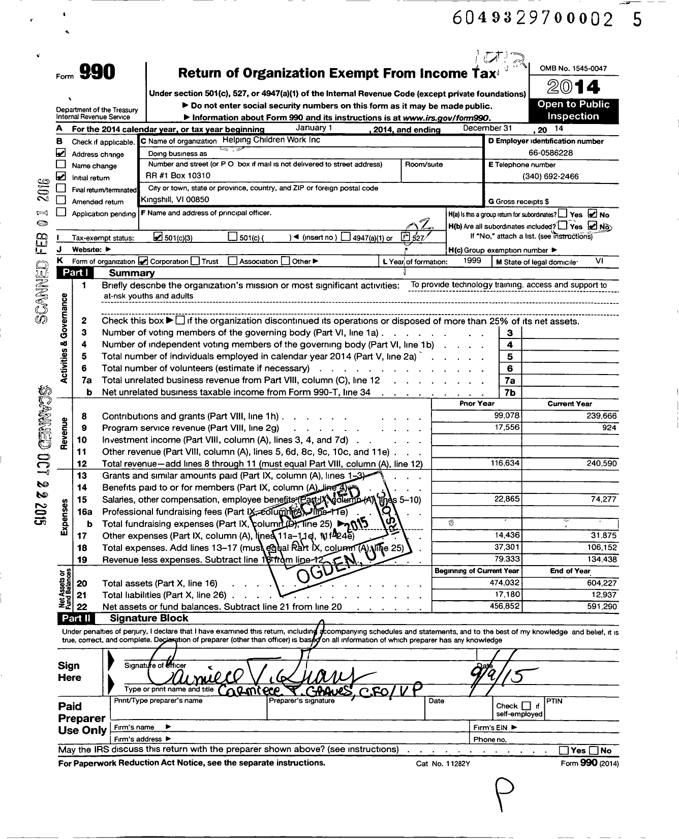 Image of first page of 2014 Form 990 for Helping Children Work