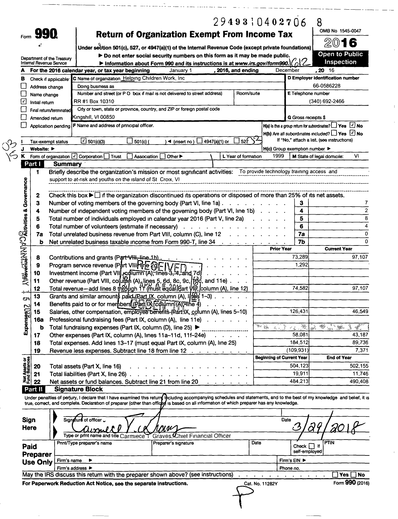 Image of first page of 2016 Form 990 for Helping Children Work