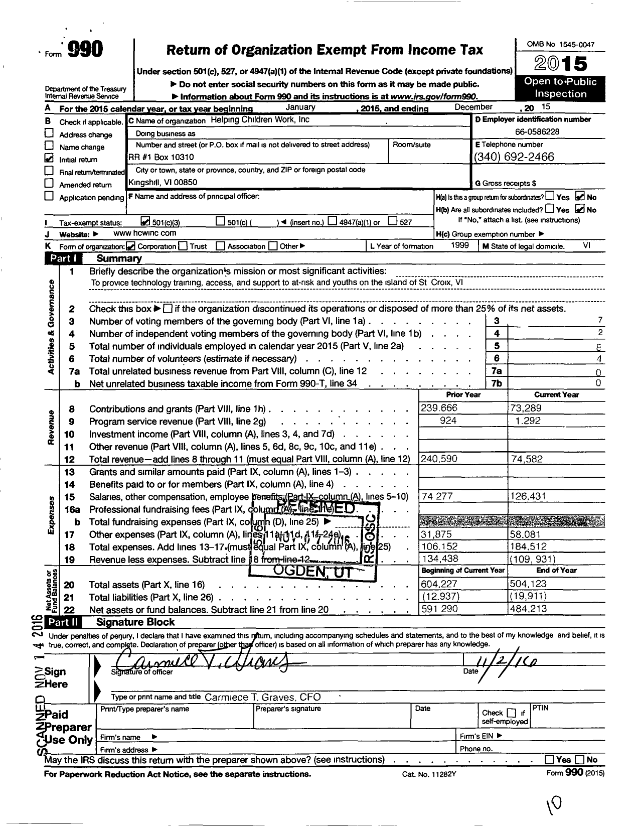 Image of first page of 2015 Form 990 for Helping Children Work