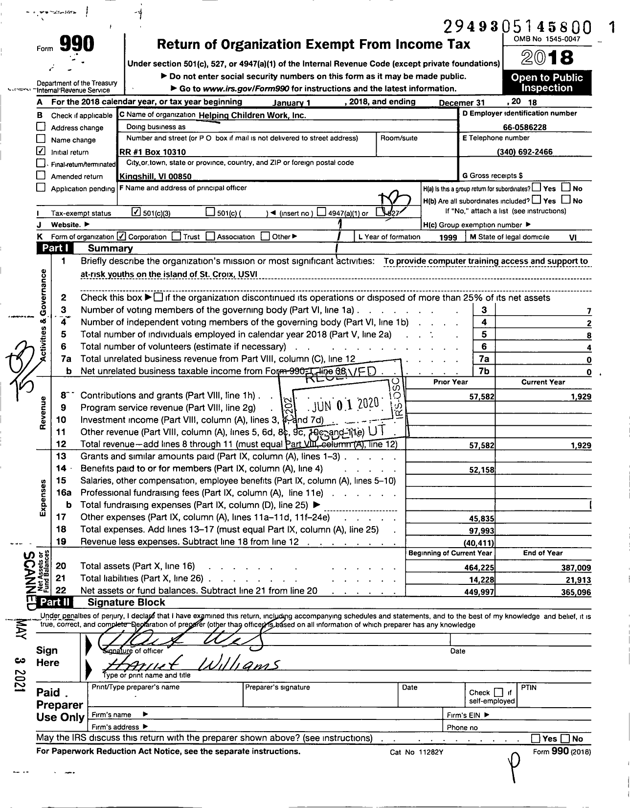 Image of first page of 2018 Form 990 for Helping Children Work