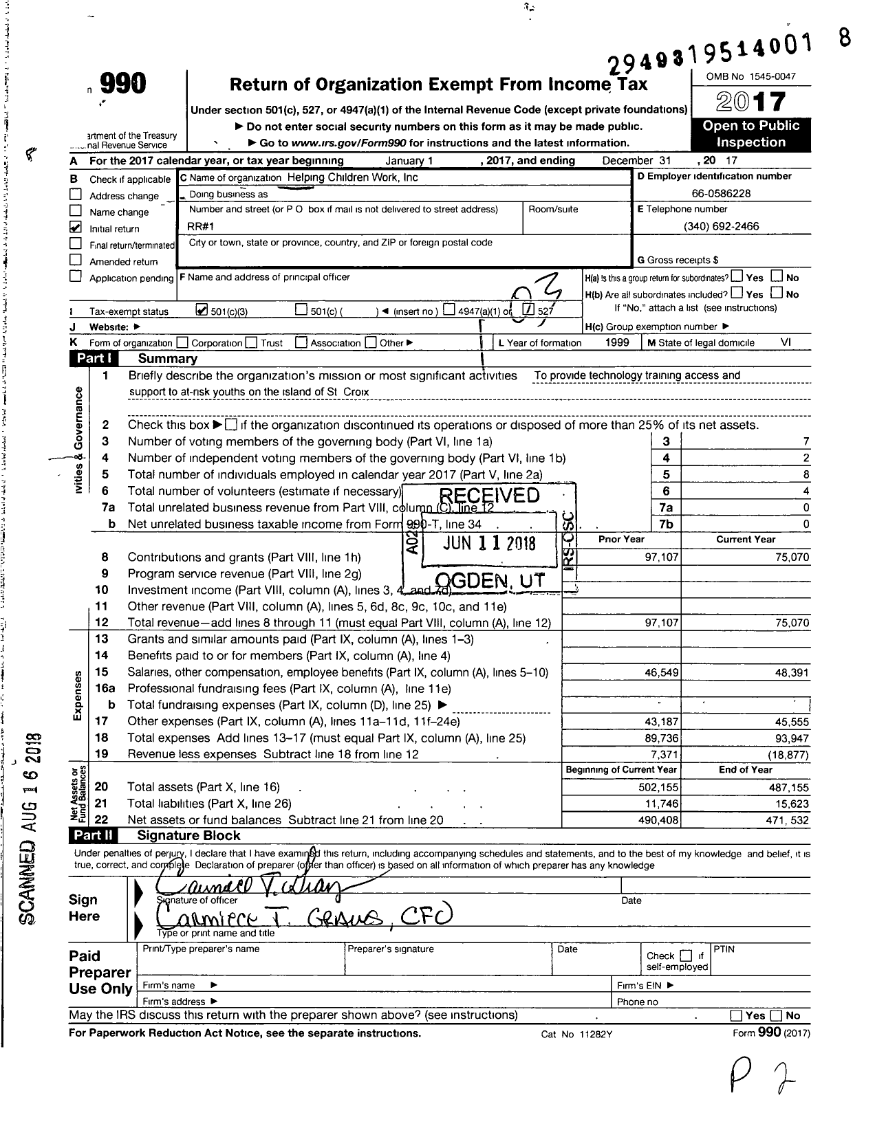 Image of first page of 2017 Form 990 for Helping Children Work