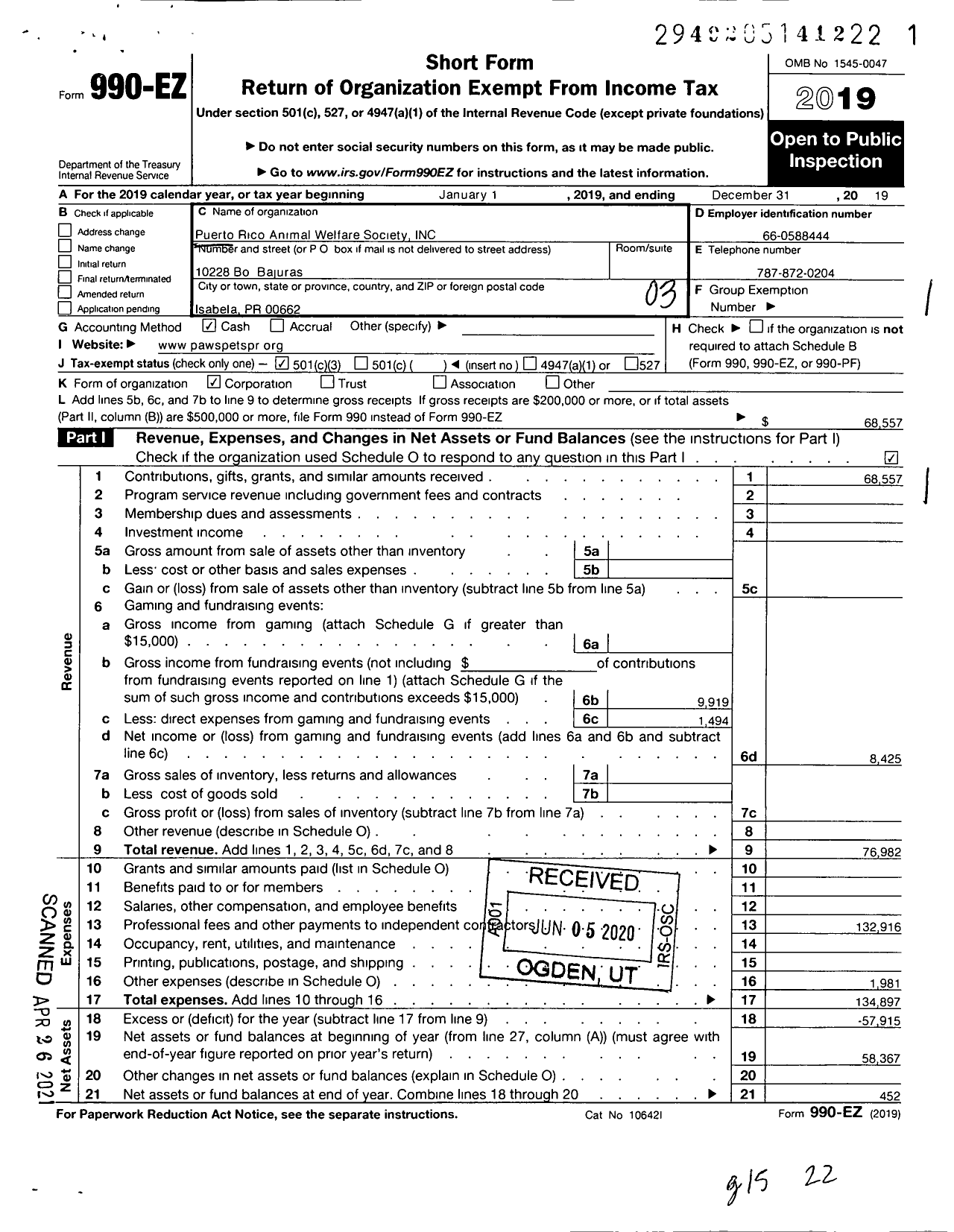 Image of first page of 2019 Form 990EZ for Puerto Rico Animal Welfare Society Paws