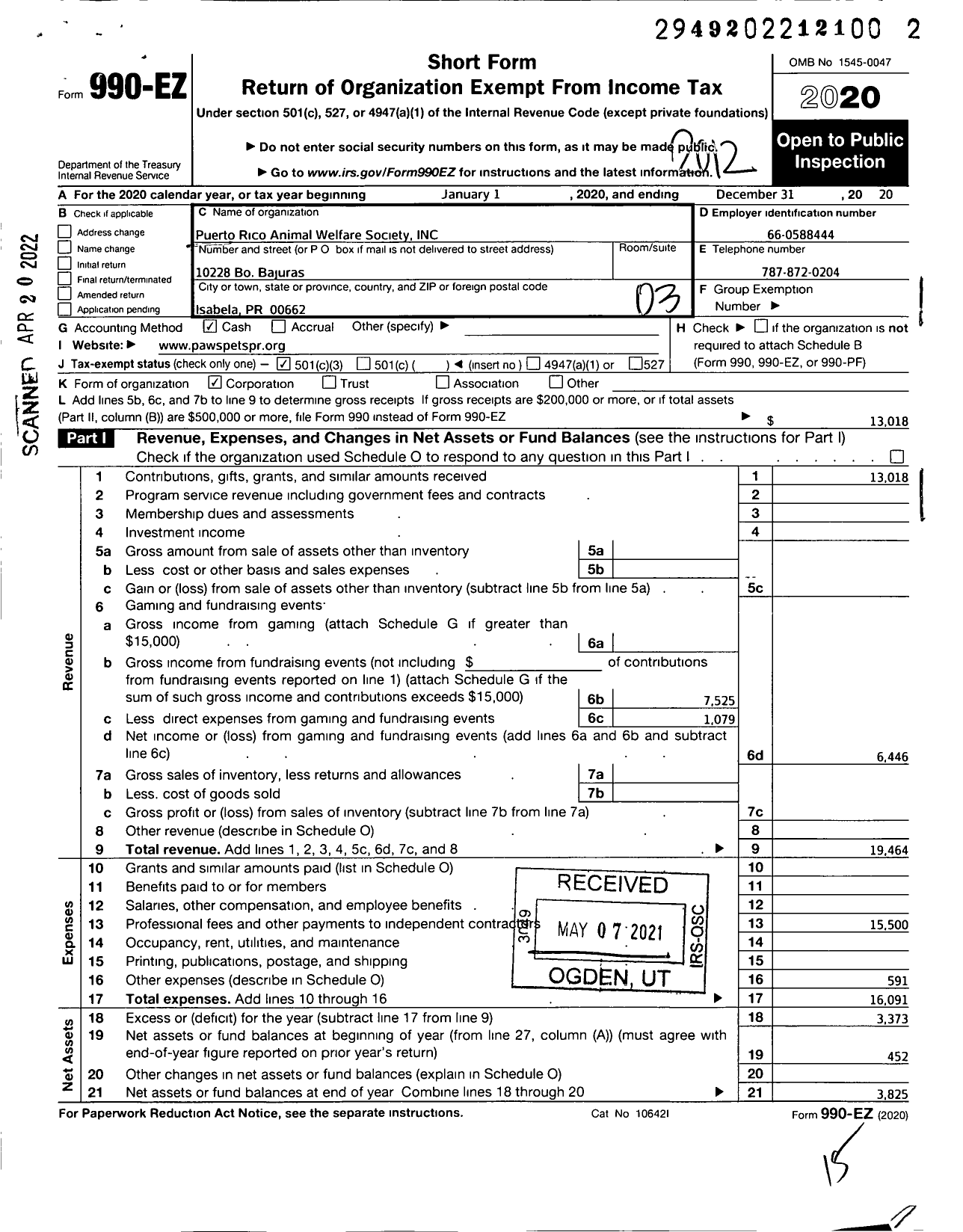 Image of first page of 2020 Form 990EZ for Puerto Rico Animal Welfare Society Paws