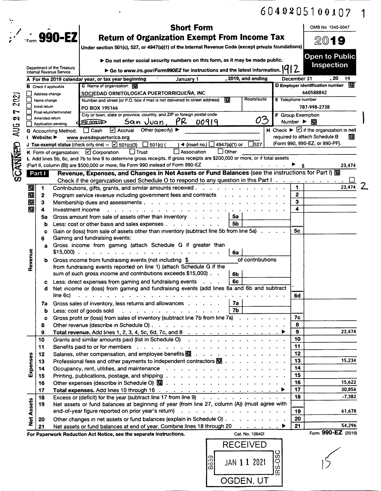 Image of first page of 2019 Form 990EZ for Sociedad Ornitologica Puertorriquena