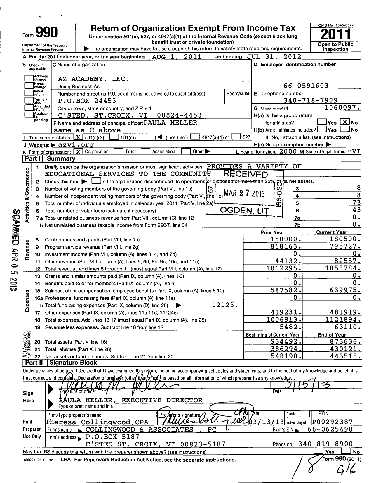 Image of first page of 2011 Form 990 for Az Academy