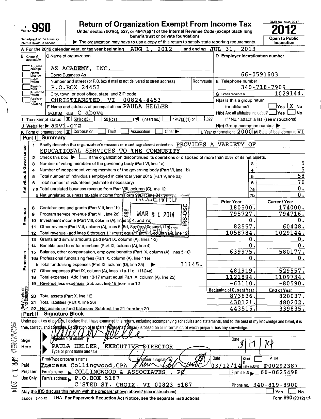 Image of first page of 2012 Form 990 for Az Academy