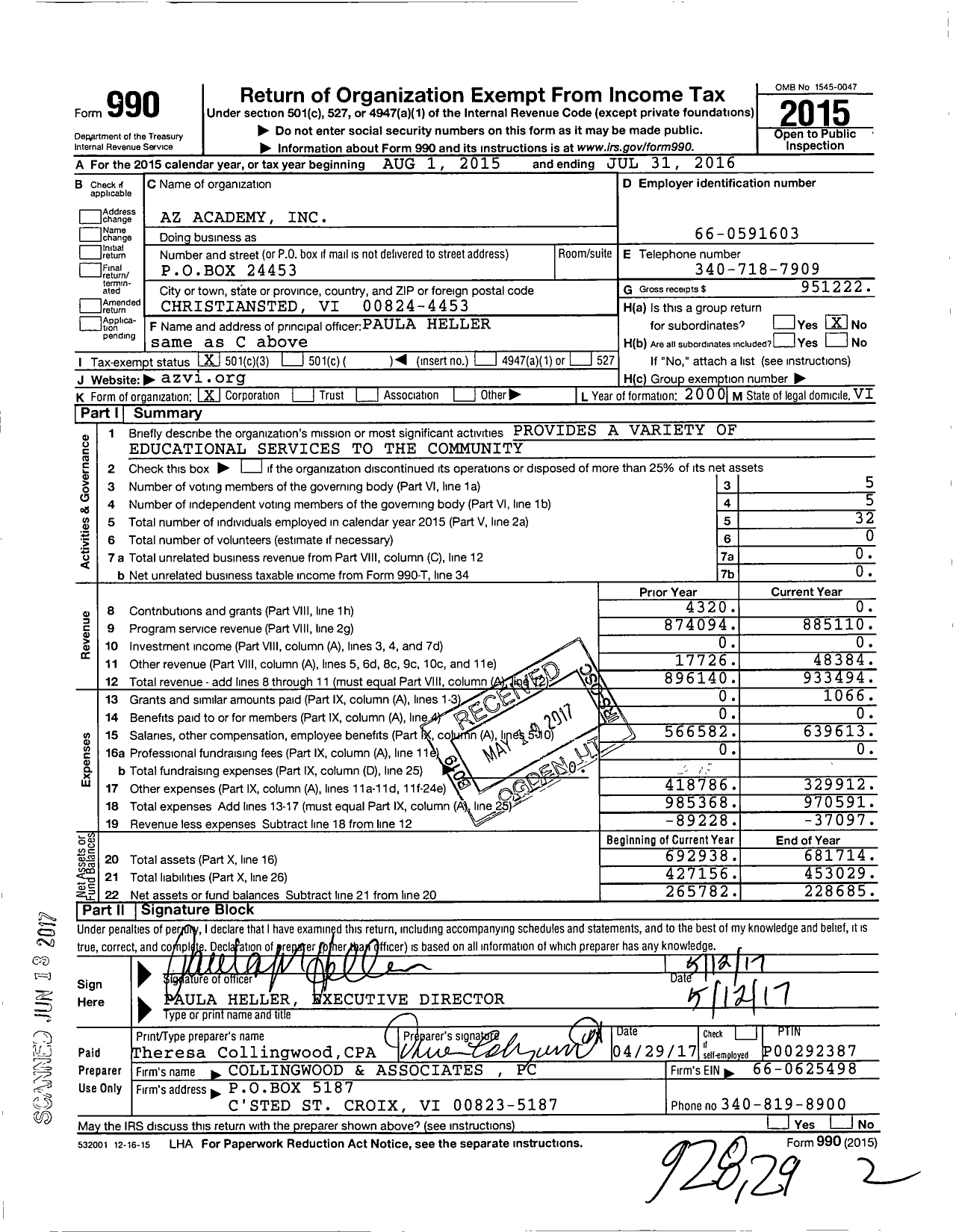 Image of first page of 2015 Form 990 for Az Academy