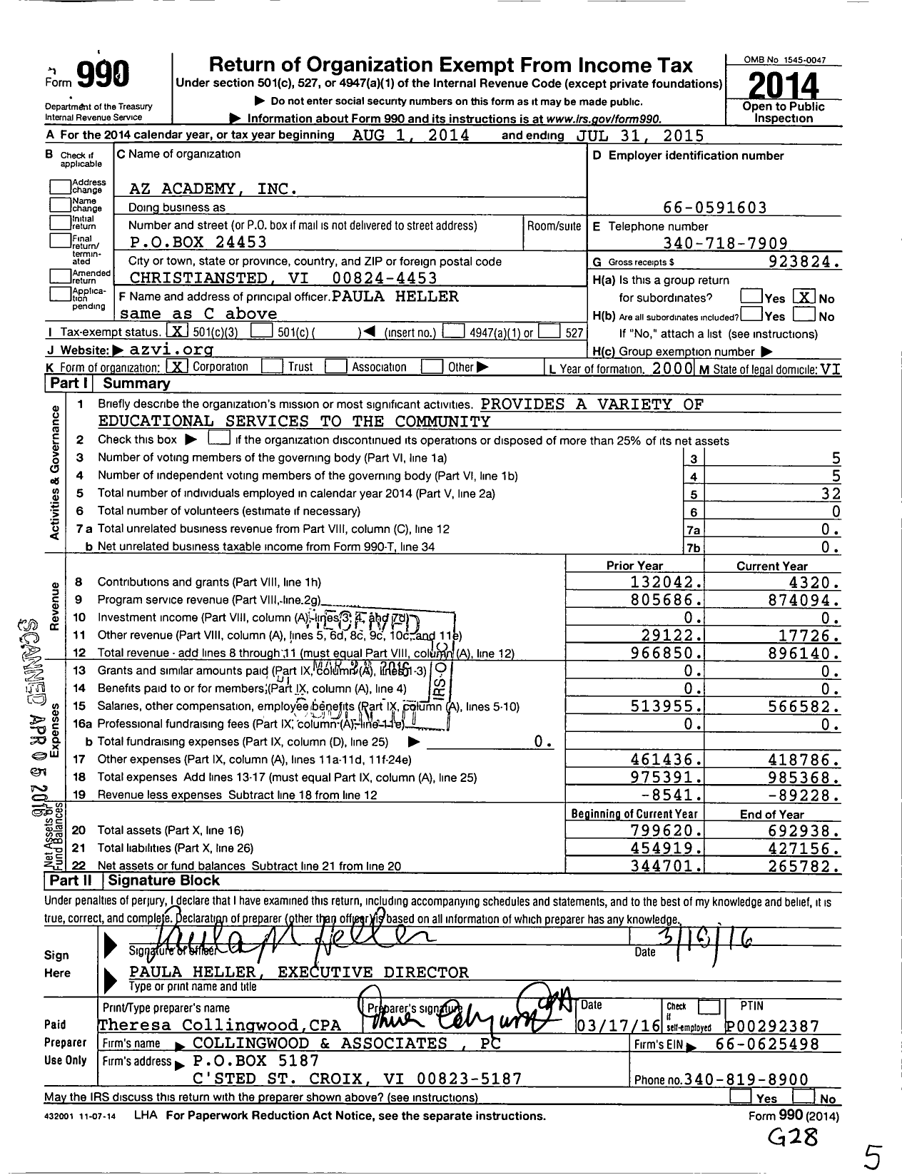 Image of first page of 2014 Form 990 for Az Academy