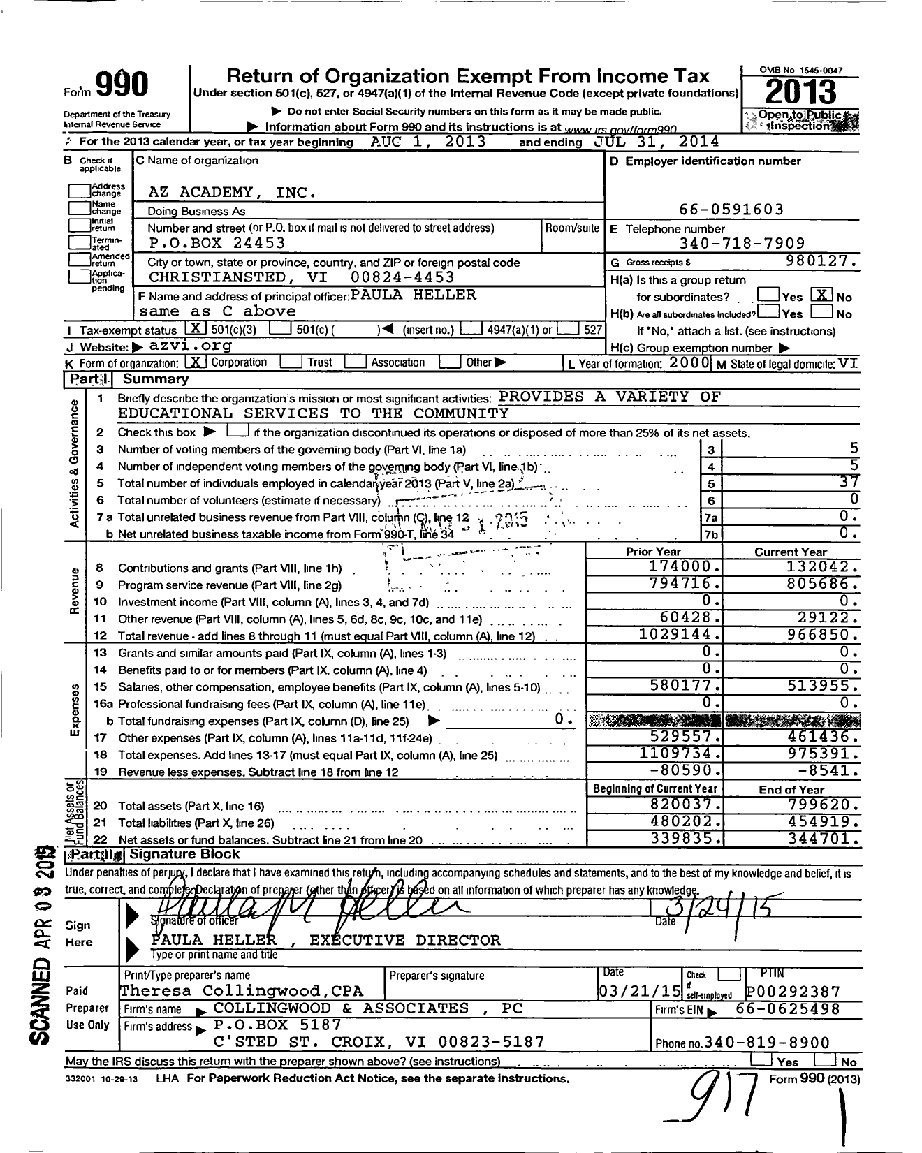 Image of first page of 2013 Form 990 for Az Academy