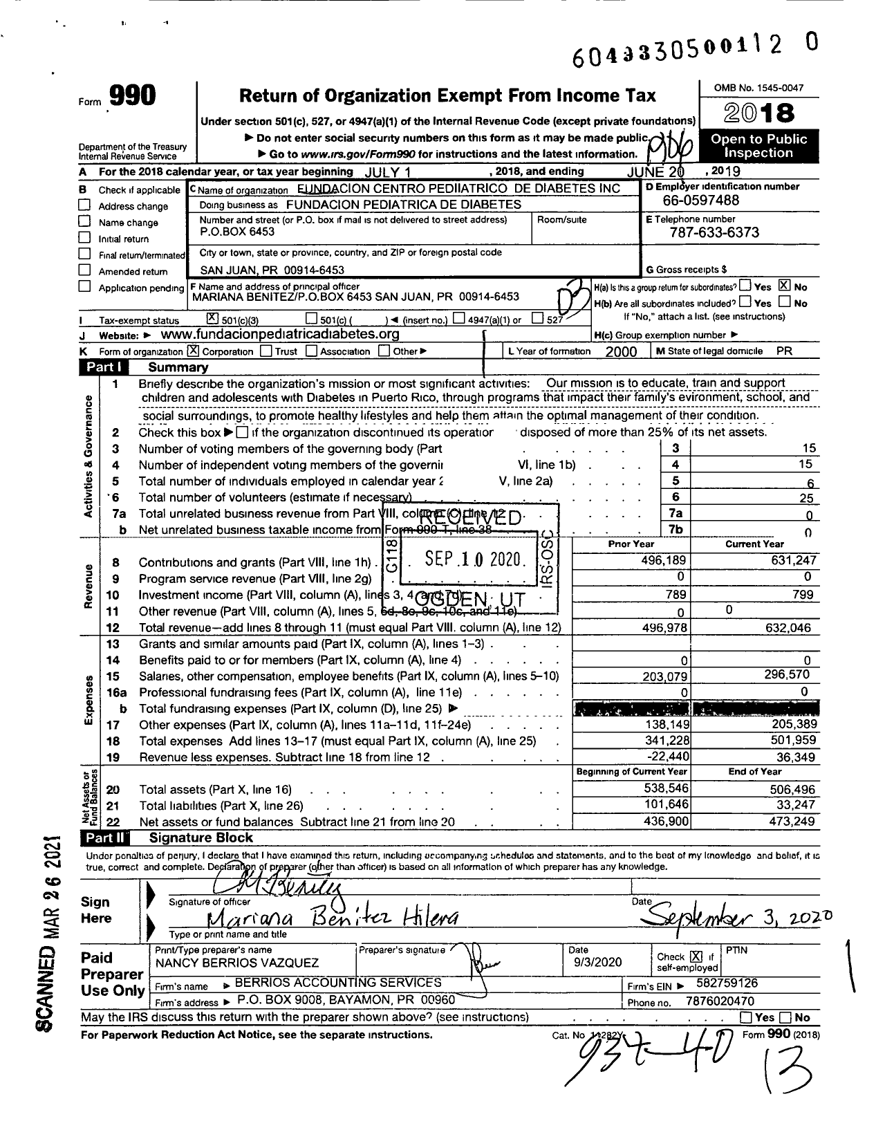 Image of first page of 2018 Form 990 for Fundacion Pediatrica de Diabetes