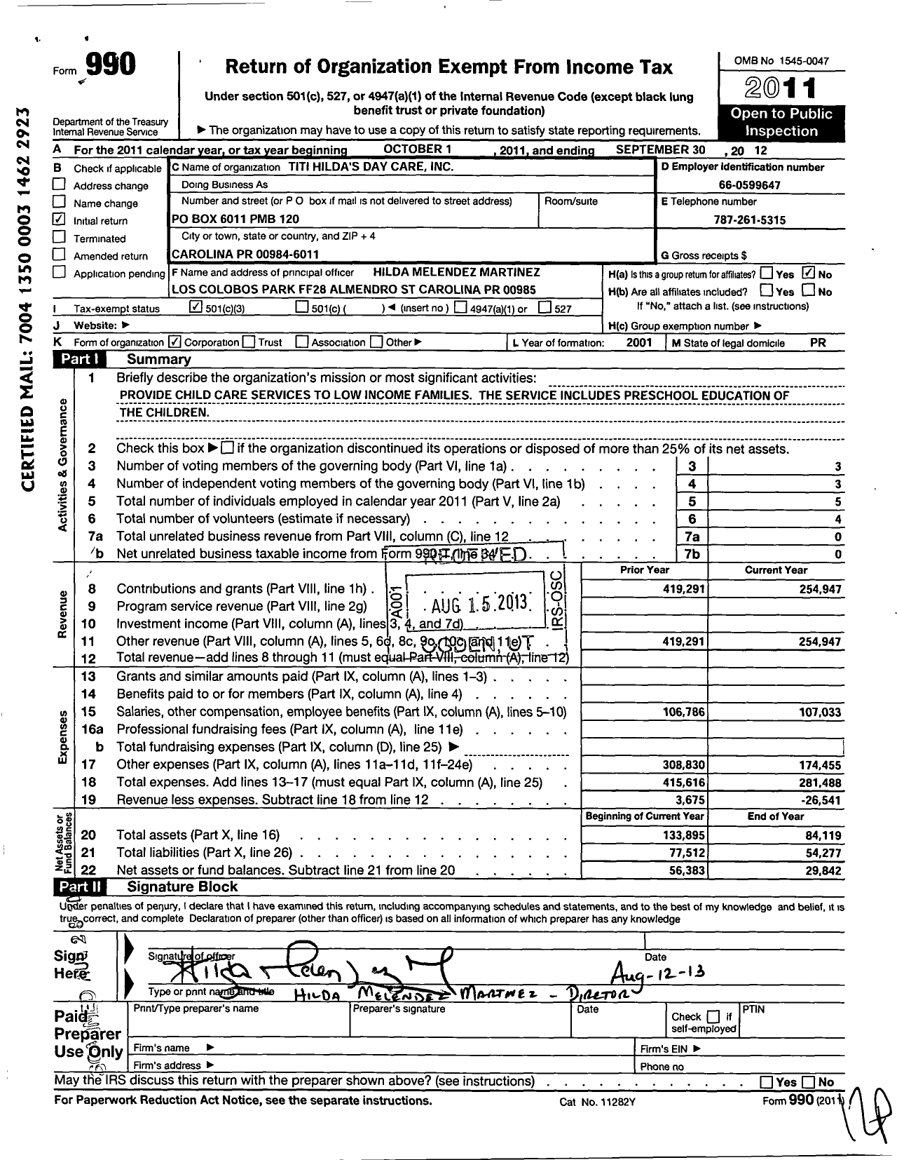 Image of first page of 2011 Form 990 for Titi Hildas Day Care