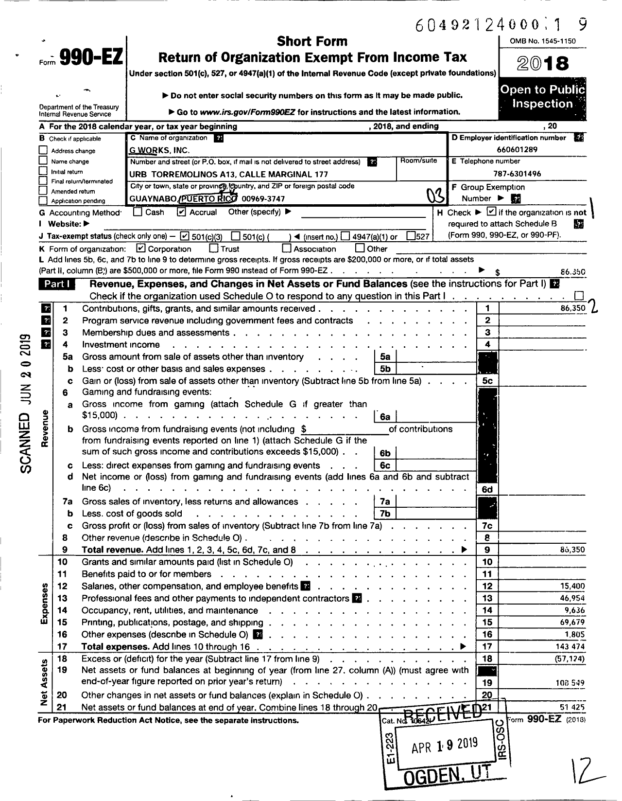 Image of first page of 2018 Form 990EZ for G Works