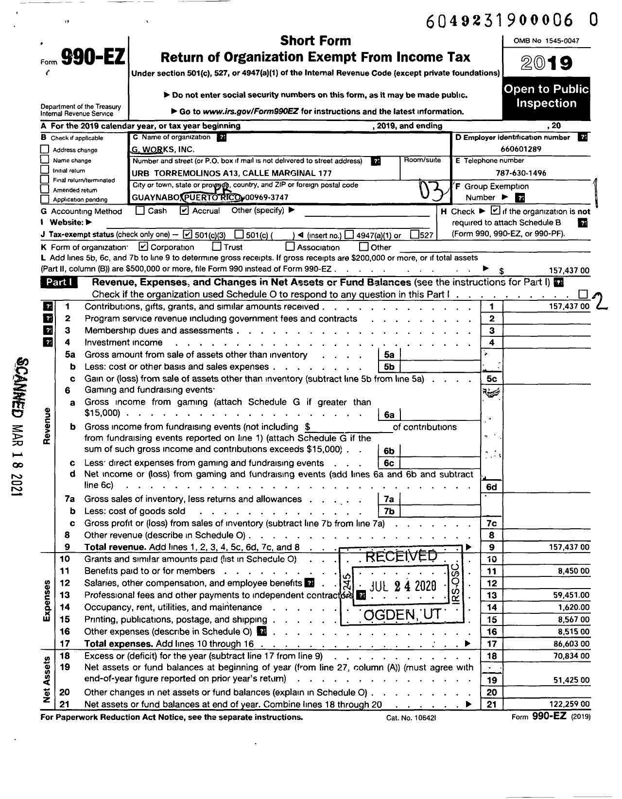 Image of first page of 2019 Form 990EZ for G Works