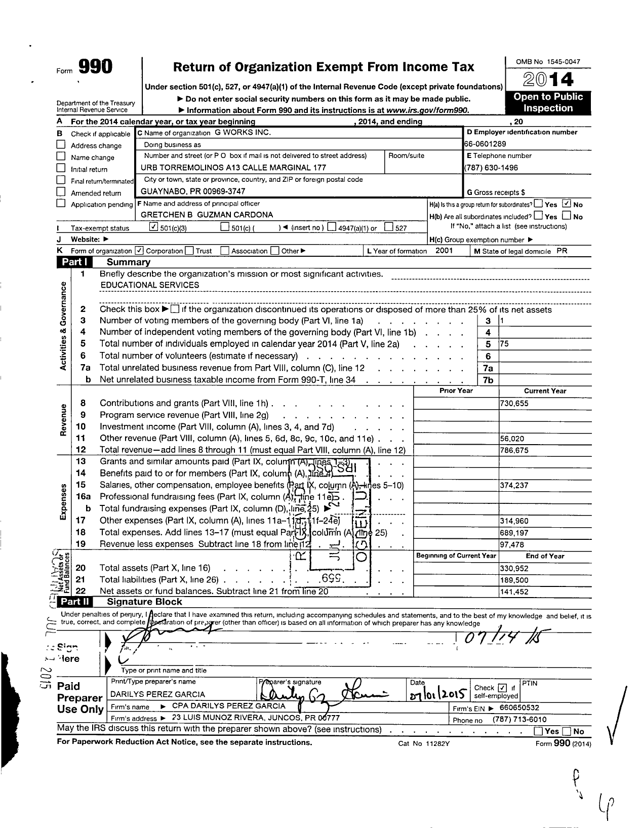 Image of first page of 2014 Form 990 for G Works