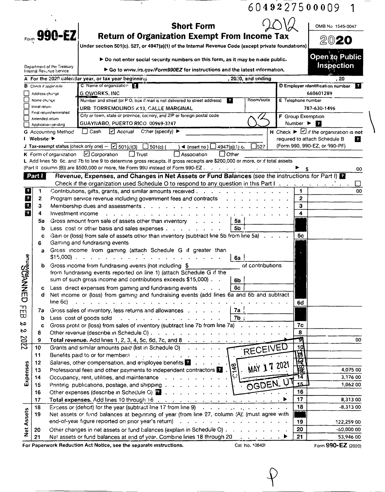 Image of first page of 2020 Form 990EZ for G Works