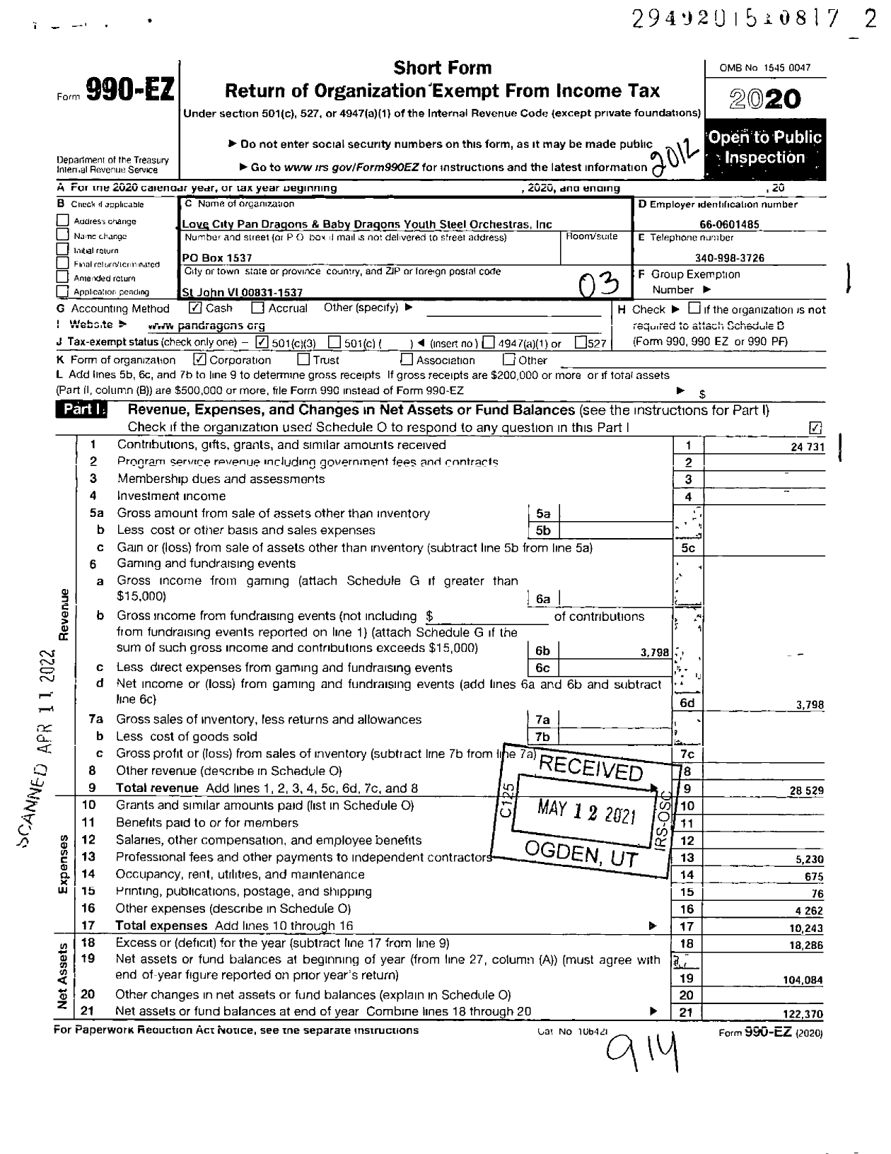 Image of first page of 2020 Form 990EZ for LOVE CITY PAN DRAGONS AND BABY DRAGONS YOUTH STEEL Orchestras