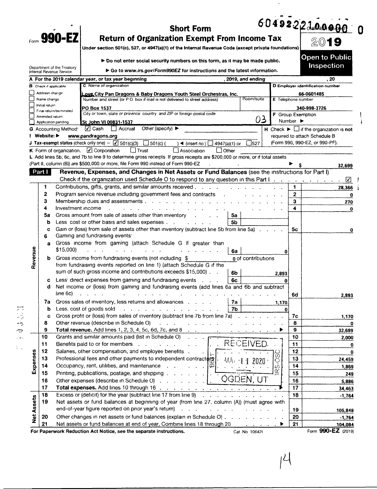 Image of first page of 2019 Form 990EZ for LOVE CITY PAN DRAGONS AND BABY DRAGONS YOUTH STEEL Orchestras