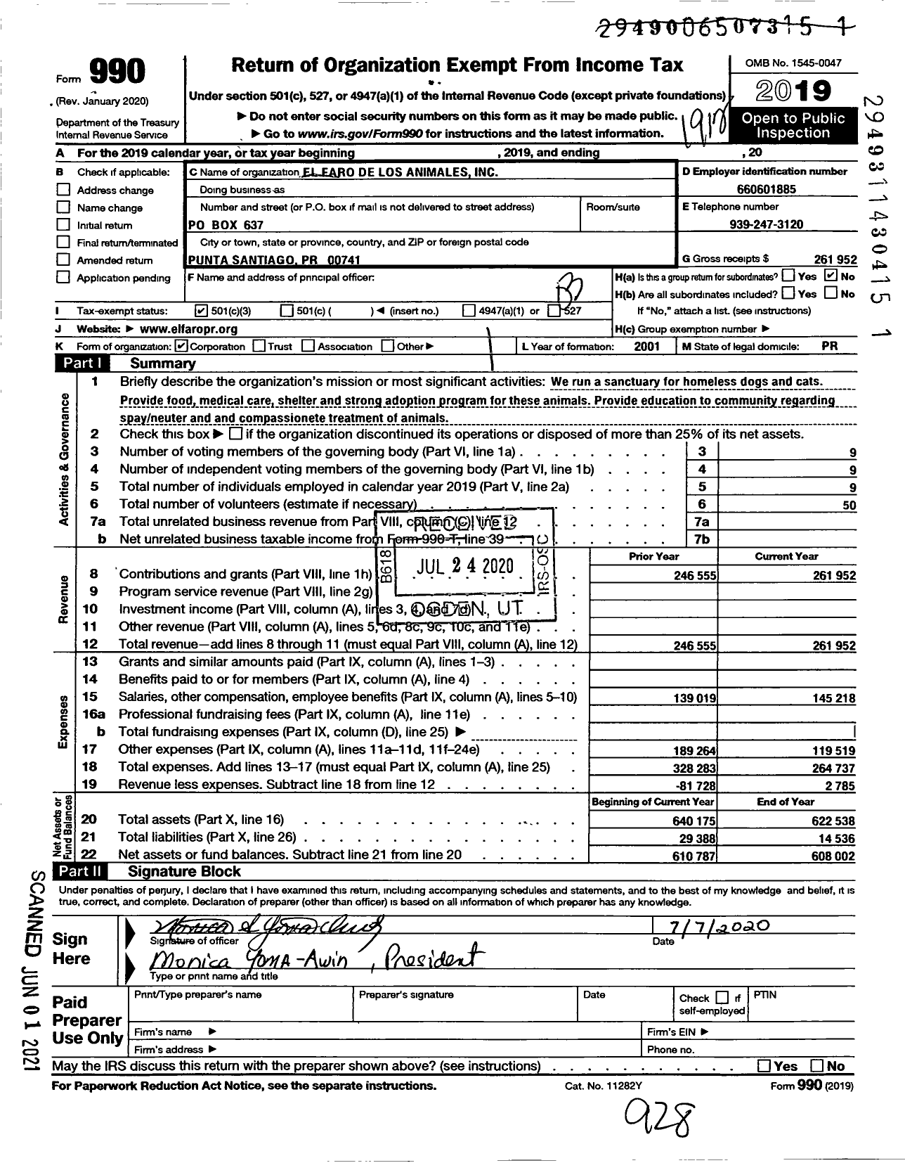 Image of first page of 2019 Form 990 for Elfaro de Los Animales